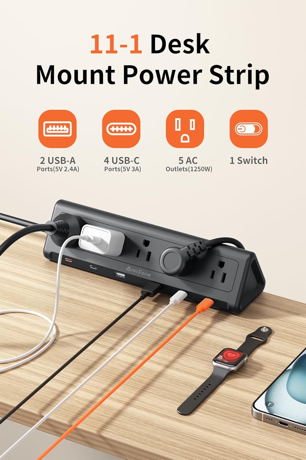 10 FT Desk Clamp Power Strip with 5 AC Outlets & 6 USB Ports PD 40W USB-C Fast Charging, 1250J Surge Protector, Fits 2.1 in top Edge Black