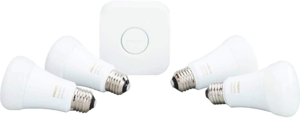 Philips Hue White and Color Ambiance A19 60W Equivalent LED Smart Light Bulb Starter Kit 4 A19 Smart Bulbs and 1 Bridge, Works with Alexa, Apple HomeKit and Google Assistant (California Residents)