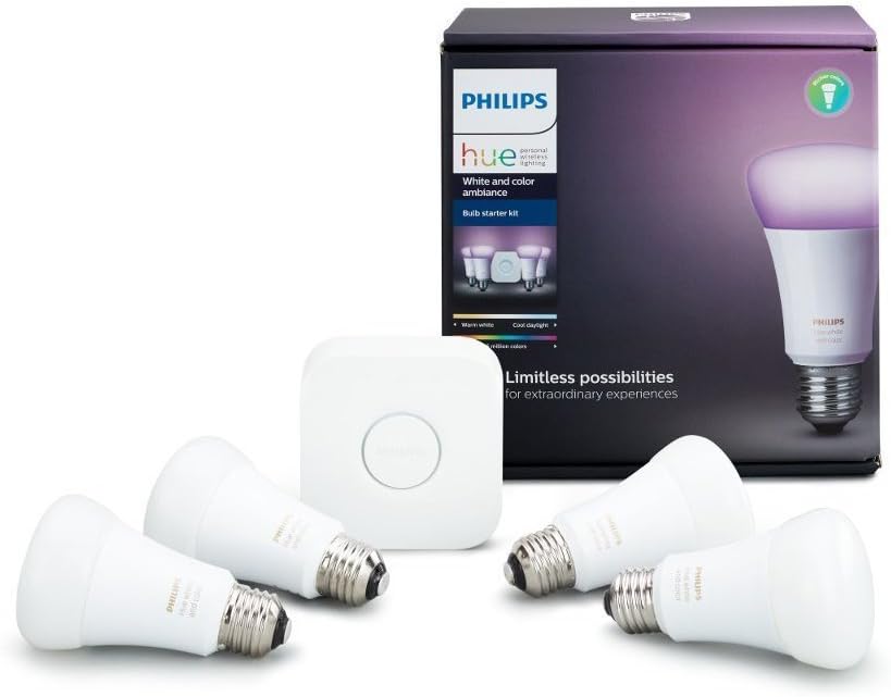 Philips Hue White and Color Ambiance A19 60W Equivalent LED Smart Bulb Starter Kit (4 A19 Bulbs and 1 Hub Compatible with Amazon Alexa Apple HomeKit and Google Assistant)