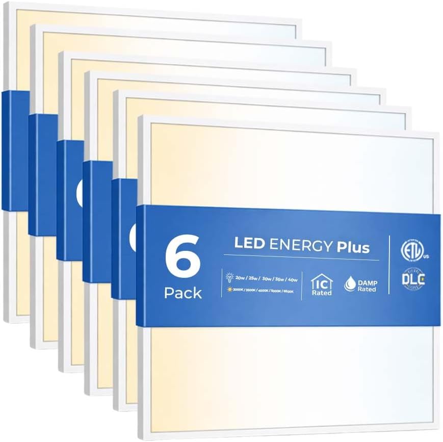 6 Pack 2×2 LED Flat Panel Light for Drop Ceiling, 5200lm Selectable 20W/25W/30W/35W/40W, Color Temperature 3000K/3500K/4000K/5000K/6500K, 0-10V Dimmable, 120-277V, ETL, DLC