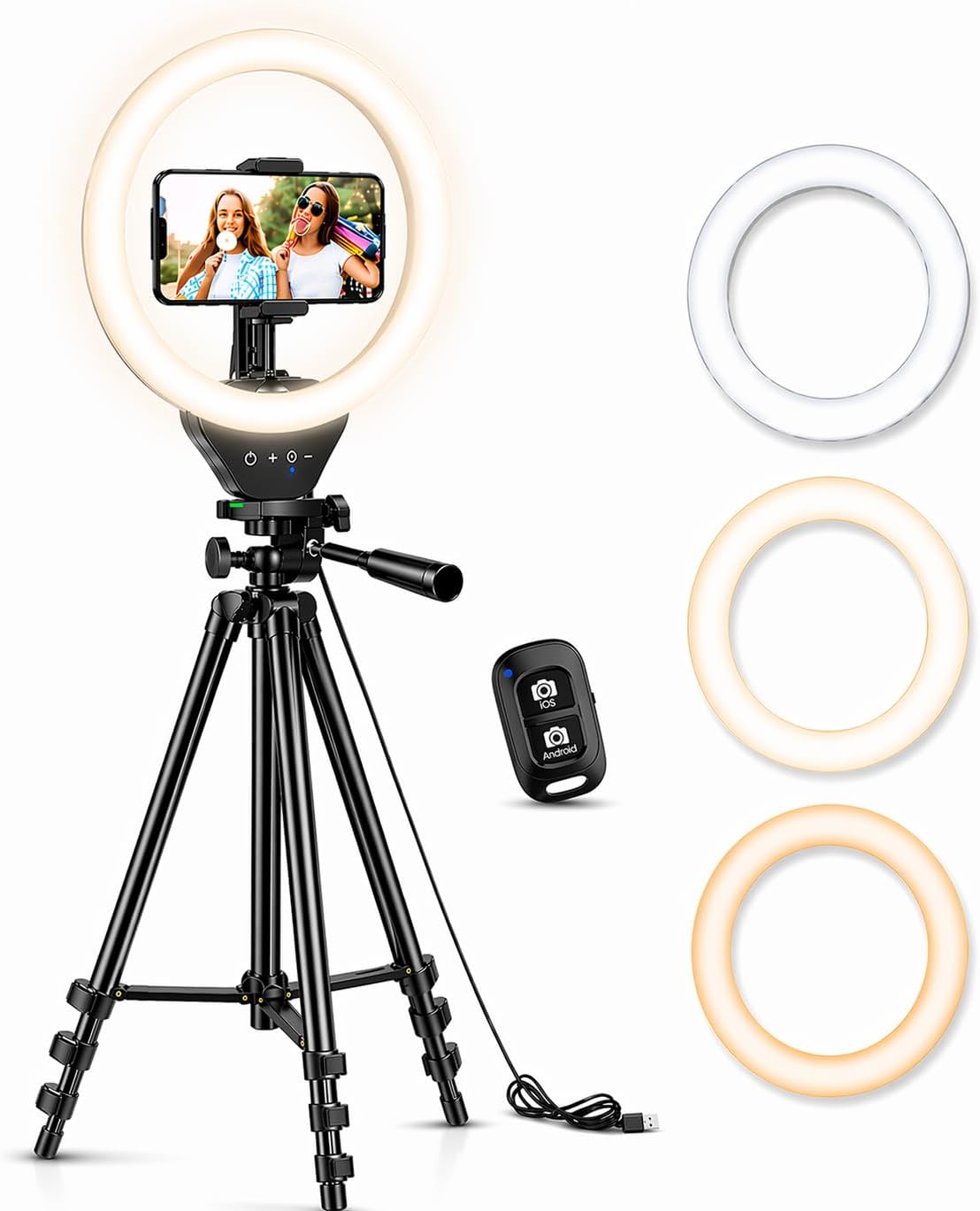 Sensyne Ring Light with Stand, 50″ Phone Tripod for iPhone & Android, LED Ring Light with Remote, 3 Color Modes & 10 Brightness Levels for TikTok, Zoom & Video Recording