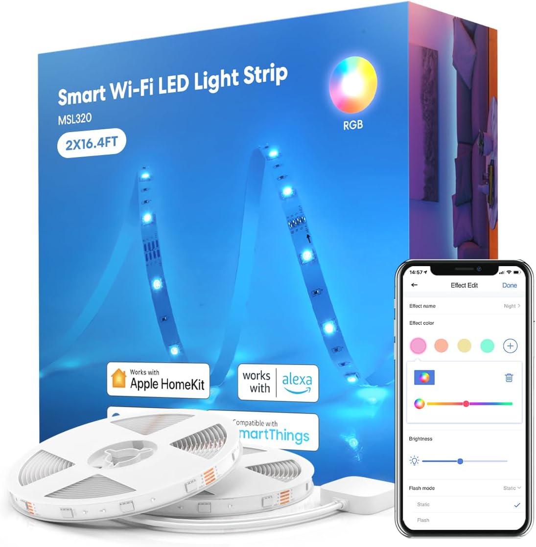 meross Smart LED Strip Lights, 32.8ft WiFi RGB Strip, Works with Apple HomeKit, Siri, Alexa&Google and SmartThings, App Control, Color Changing Lights Strip for Room, Party, Festivals, UL Listed