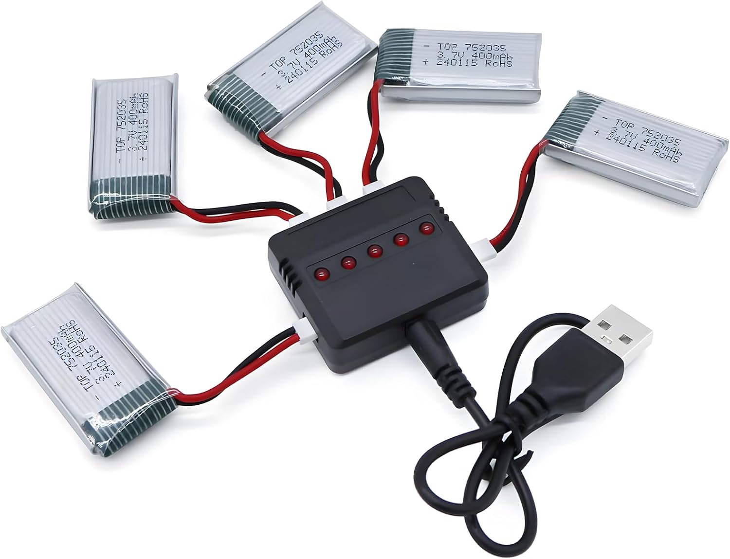 3.7V 400Mah Lipo Battery – 5Pcs Drone Batteries with 5-in-1 USB Charger for Syma Q11 H99W H31 H6C H98 TR-C385 TR-P51 TR-F22 Quadcopter Parts Aircraft Drones Lithium Battery Rechargeable AT-96