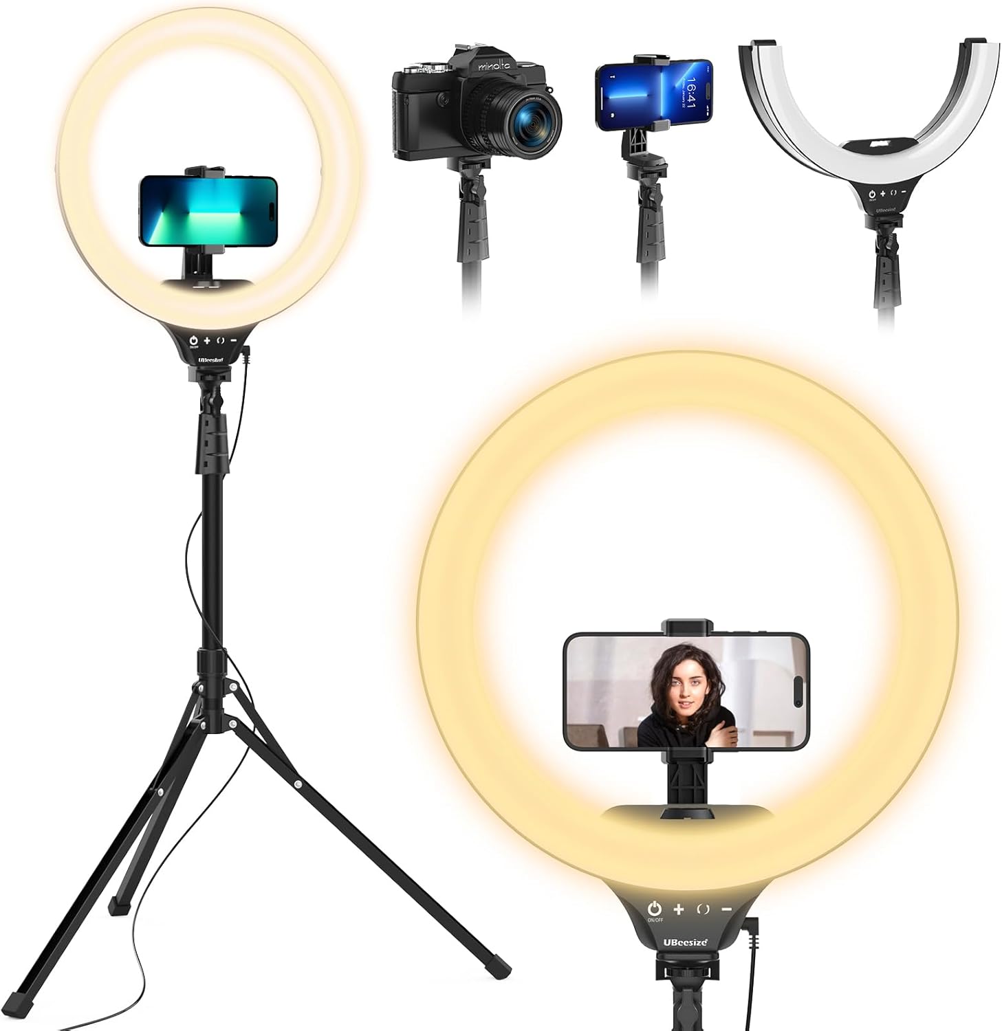 UBeesize 14” LED Foldable Ring Light with 62” Tripod Stand, Selfie Ring Light for Video Recording, Live Streaming, TikTok & YouTube, Compatible with iPhone & Android (Black)