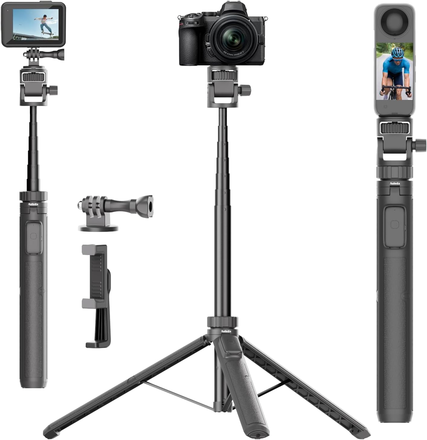 70″ Selfie Stick Tripod for Gopro Action Camera, Lightweight Phone Tripod Stand with Wireless Remote & Phone Holder, Compatible with iPhone, GoPro, DJI, Insta360
