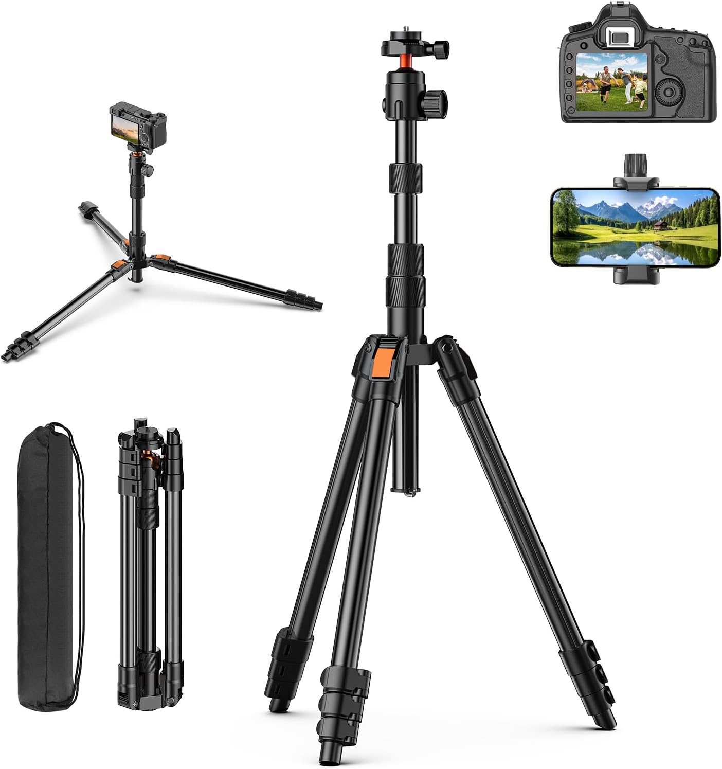 XXZU 71″ Camera Tripod, Tripod for Camera Phone with 360°Ball Head and Smartphone Holder, Aluminum DSLR Tripod Stand, Travel for Phone/DSLR/SLR/Projector/Video Recording, Max Load 8kg/17.64lb