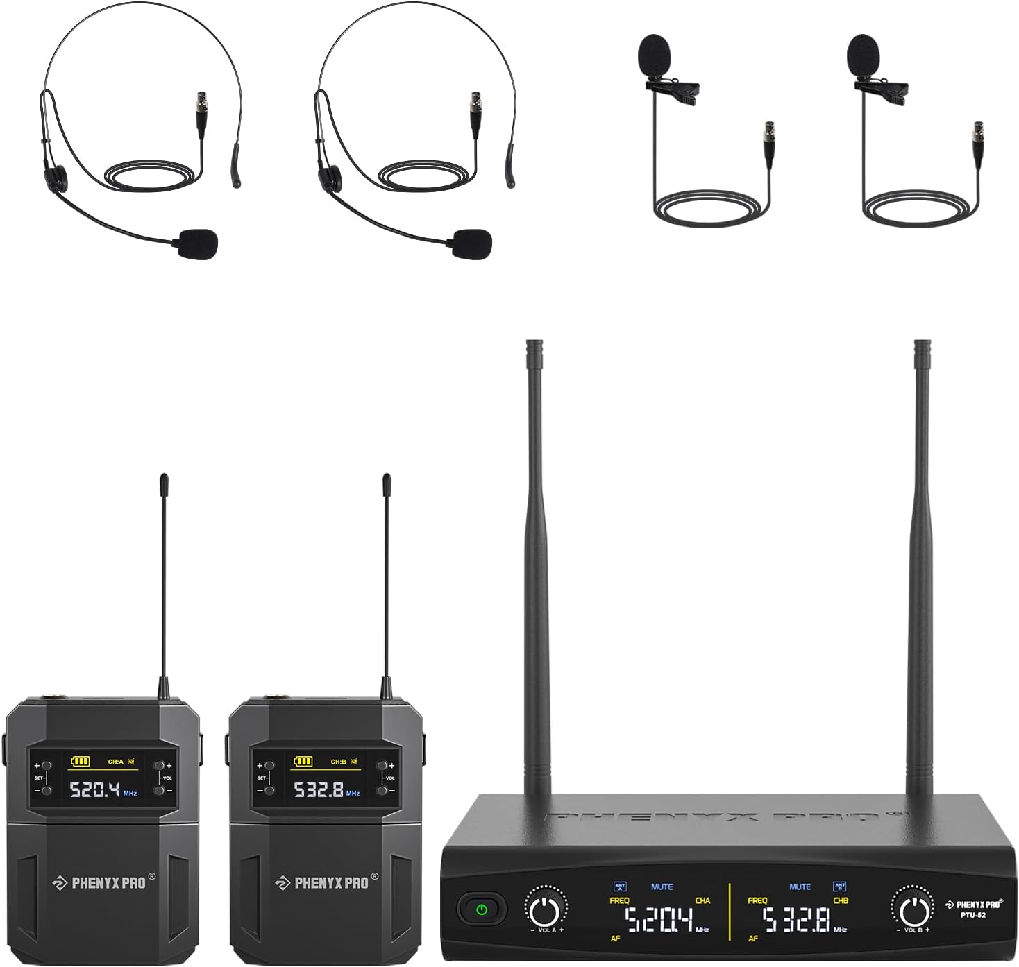 Phenyx Pro UHF Wireless Microphone System w/ 2×30 Tunable Frequencies, Metal Cordless Mic Set, 200 ft Range, 2 Bodypacks & Headsets/Lapel Mics for Speaking, Singing, Church, DJ (PTU-52-2B)