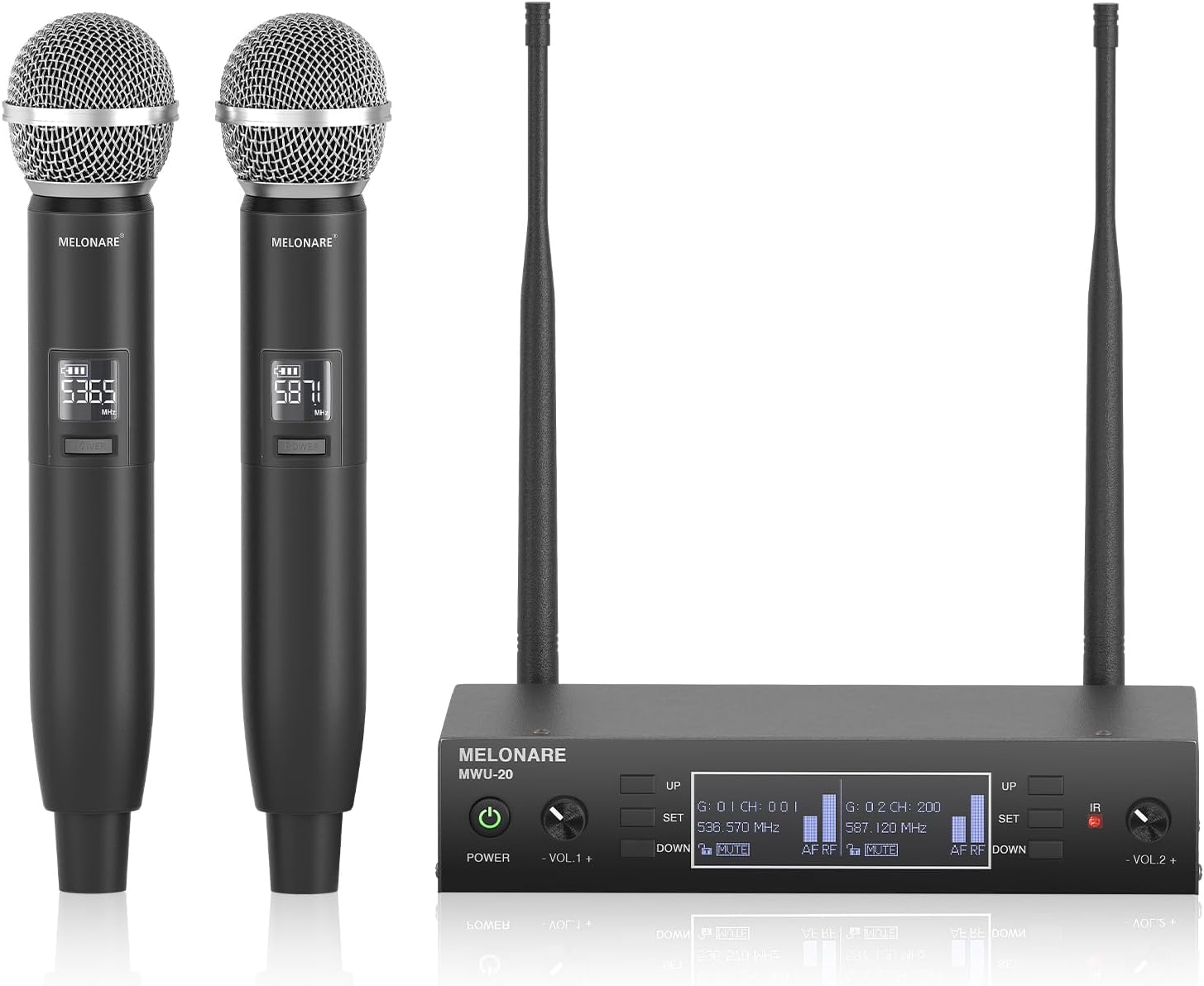 Dual Channel Wireless Microphone System, MELONARE Auto-Scan Professional Cordless Dynamic Mic Set, 260ft Range, 2×100 UHF Metal Wireless Mic for Singing, Karaoke, Church, Wedding, DJ (MWU-20-2H)