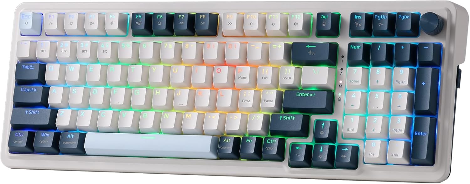 Redragon K686 PRO 98 Keys Wireless Gasket RGB Gaming Keyboard, 3-Mode Win/Mac Mechanical Keyboard w/5-Layer Noise Dampening, Dedicated Knob Control & Hot-Swap in Linear Red Switch, Blue Himmel Color