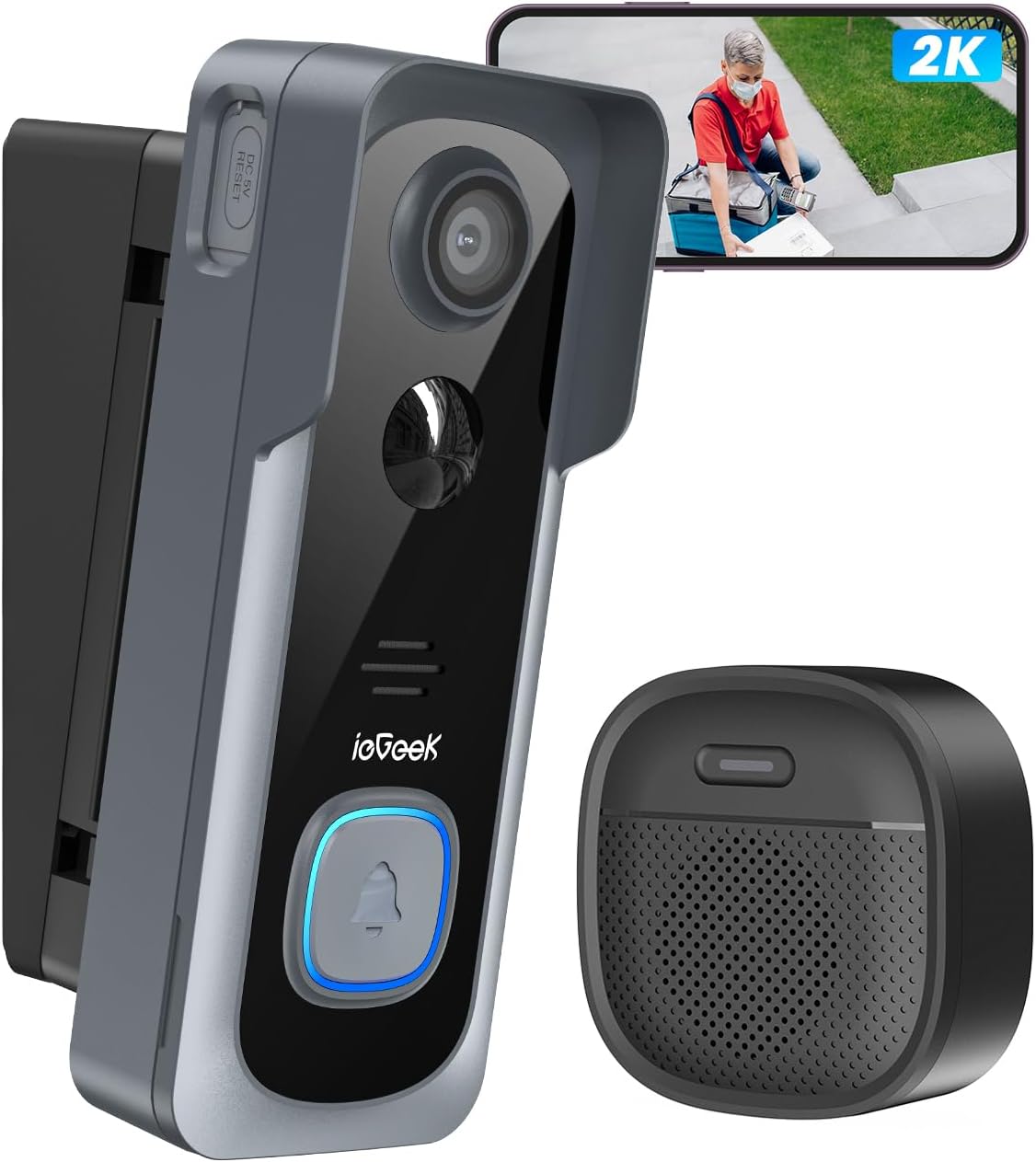 ieGeek Wireless Doorbell Camera No Subscription with Adjustable Angle Mount, 2K Smart Video Doorbell with Chime, Motion Detection, Real-time Alert, 2-Way Talk Voice Changer, Only 2.4GHz WiFi
