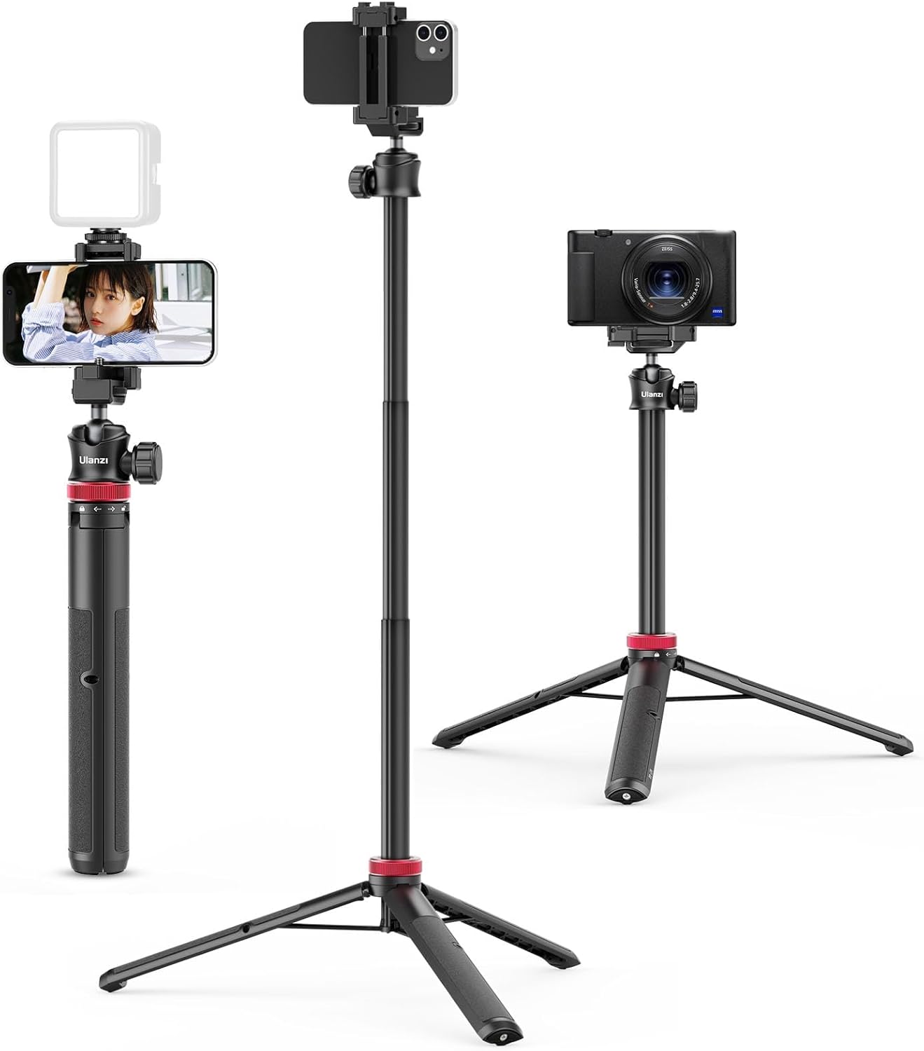 ULANZI MT-44 Extendable Phone Tripod, 59″ Selfie Stick Vlog Stand with 2 in 1 Phone Clip, 360° Ball Head Camera Tripod for iPhone Sony DJI Osmo Nano Action Camera, Lightweight for Travel