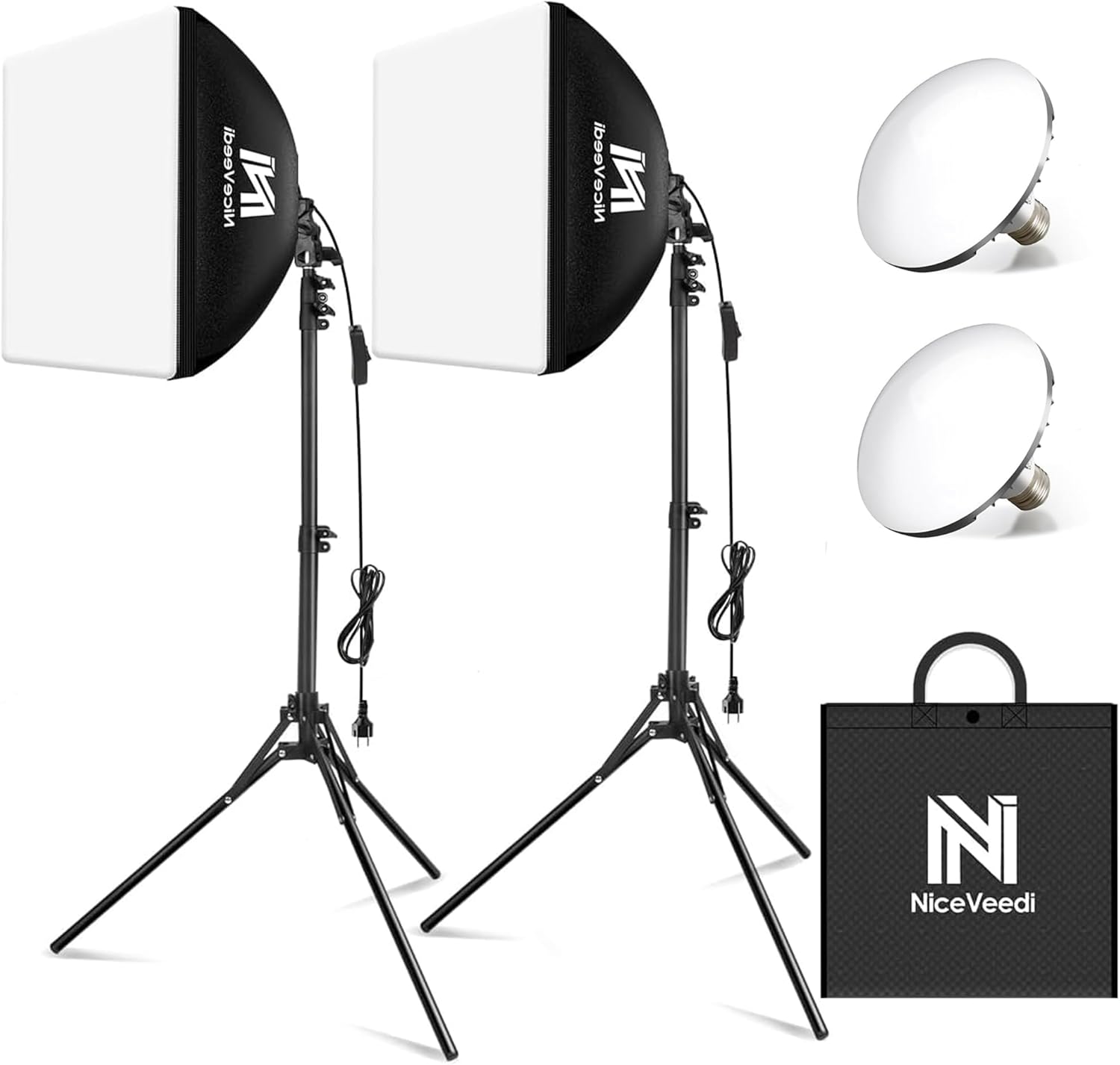 Softbox Lighting Kit, NiceVeedi 2-Pack 16” x 16” Softbox Photography Lighting Kit with 63” Tripod Stand & 5400K 450W Equivalent LED Bulb, Continuous Lighting for Photography/Video Record