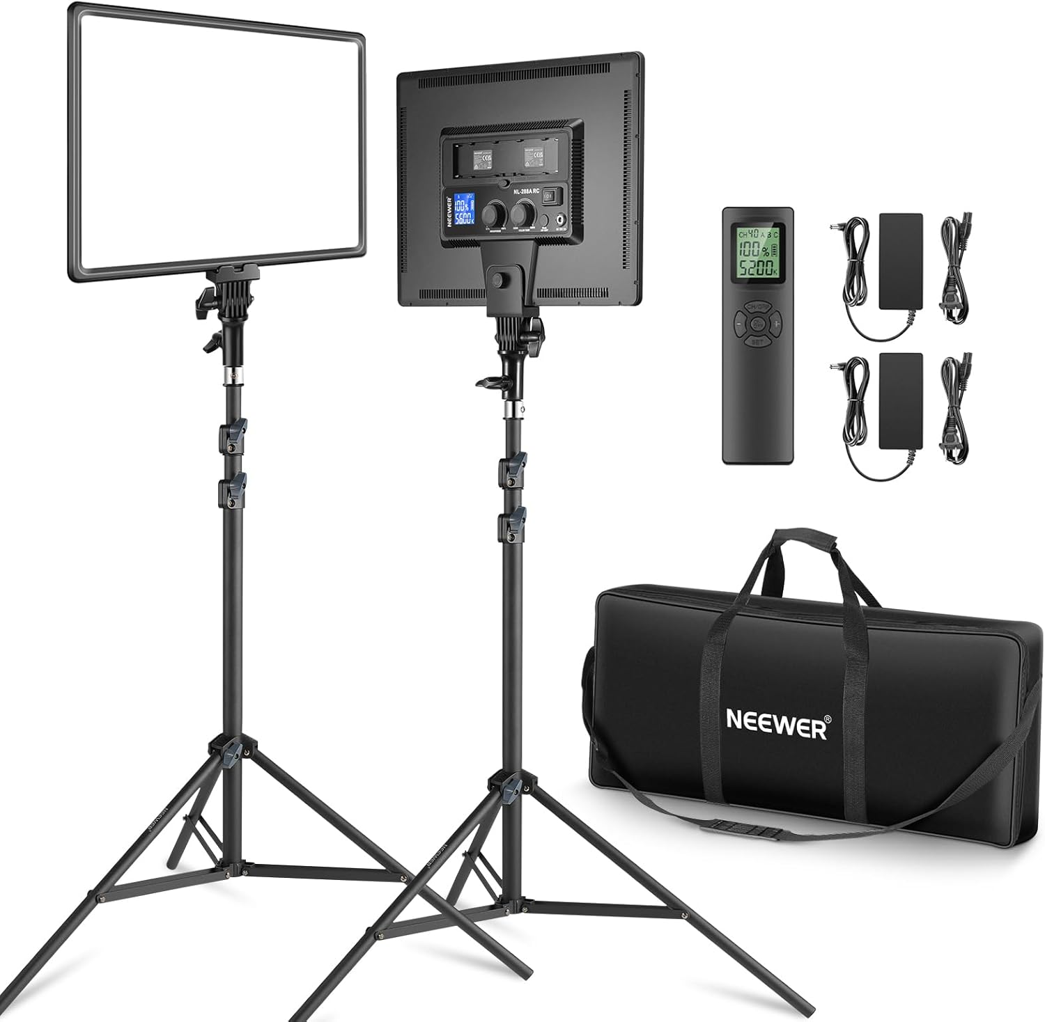 Neewer 18″ Led Video Light Panel Key Lighting Kit with Remote, 2-Pack 45W Dimmable Bi Color + Tripod Stand, 3200K–5600K Soft Light CRI 97+ 4800Lux for Game Live Streaming Studio Photography Recording