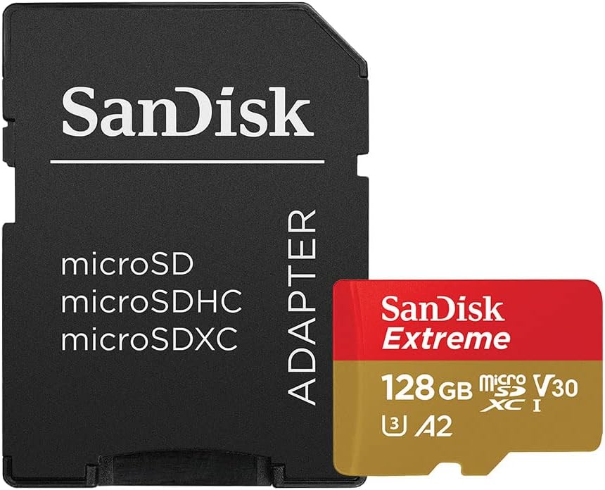 SanDisk 128GB Extreme microSDXC UHS-I Memory Card with Adapter – Up to 160MB/s, C10, U3, V30, 4K, A2, Micro SD – SDSQXA1-128G-GN6MA