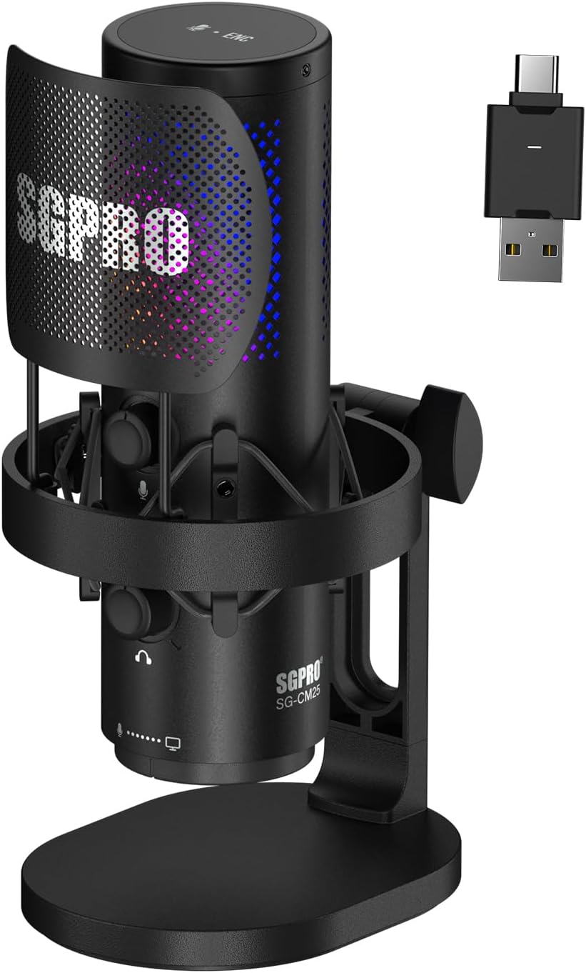 SGPRO Wireless USB Microphone for Streaming, Podcast, SG-CM25 Gaming Condenser Mic with RGB, Noise Cancellation, Tap to Mute, 24-bit/48kHz Recording, Includes Shock Mount & Pop Filter (PC/Mac/Mobile)
