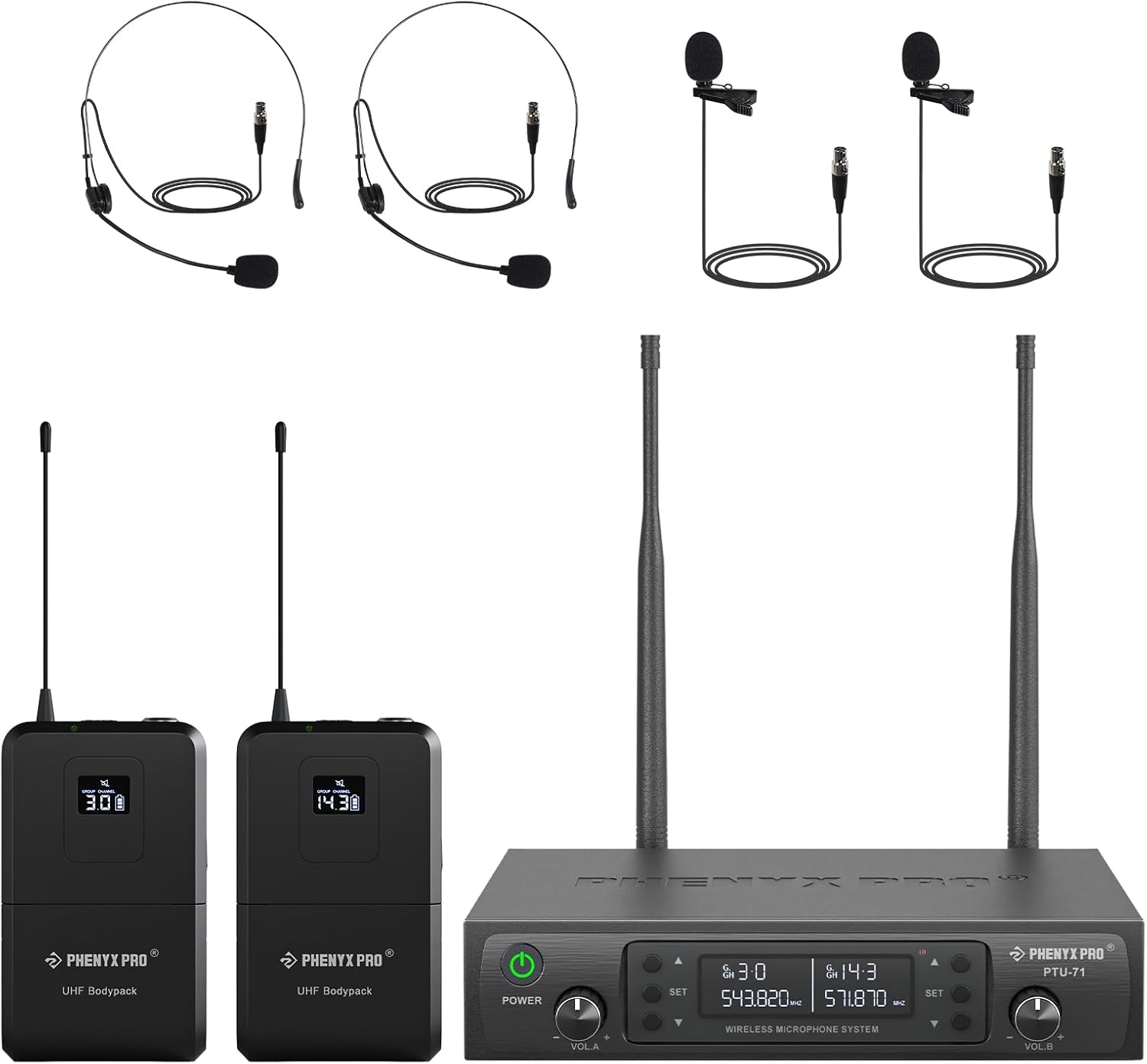 Phenyx Pro Dual UHF Wireless Microphone System，Auto-Scan Cordless Mic Set w/ 2×100 Frequencies, 2 Bodypacks & Headsets/Lapel Microphones for Speaking, Singing, Church, DJ (PTU-71-2B)