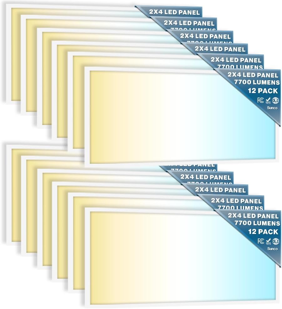 Sunco 12 Pack 2×4 LED Flat Panel Light Drop Ceiling Office Fixture, 7700 LM, Selectable Features, 40W/50W/60W, 4000K/5000K/6000K, Dimmable (0-10V), Dustproof ETL.
