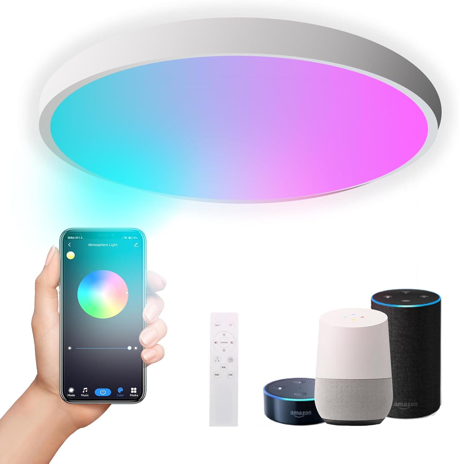 Smart LED Ceiling Light Work with Apple Homekit Alexa and Google Home RGBCW Color Changing Light Flush Mount Ceiling Lamp 24W Dimmable for Living Room, Bedroom, Home Use