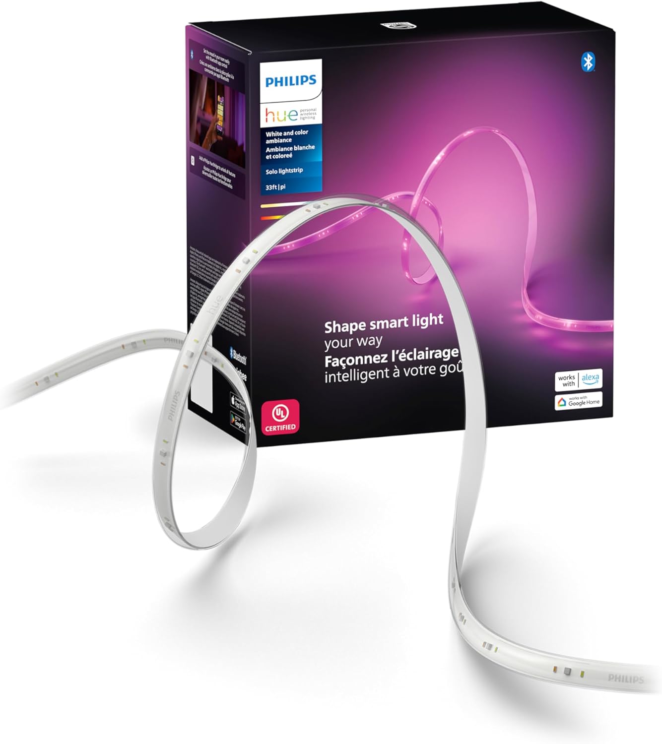Philips Hue Indoor 33 Ft Smart LED Solo lightstrip Base Kit – 1 Pack – Control with Hue App – Compatible with Alexa, Google Assistant and Apple HomeKit
