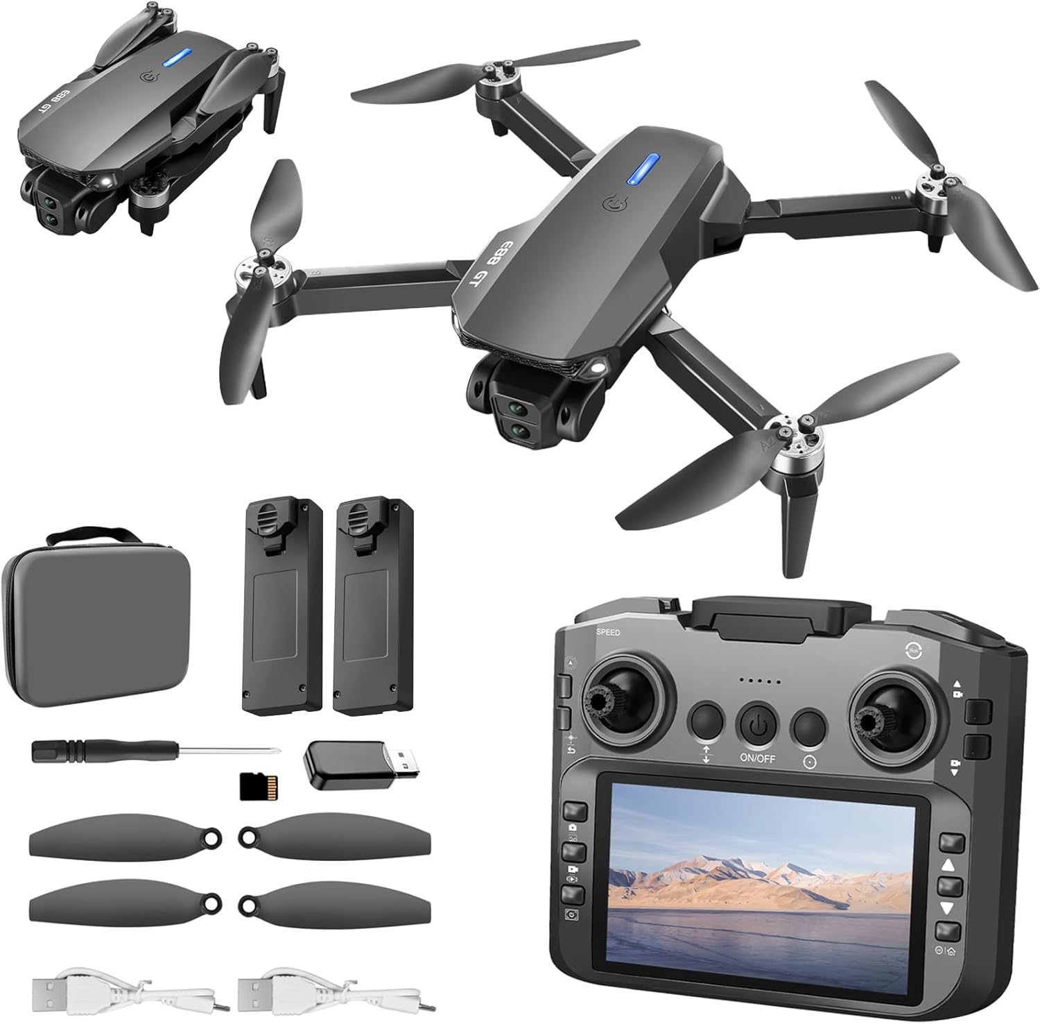 E88 PRO Drone with 4.91 Inches Screen Controller with SD card, 2 batteries, Brushless Motor, Optical Flow Localization, Active Obstacle Avoidance. (Black-2 batteries)