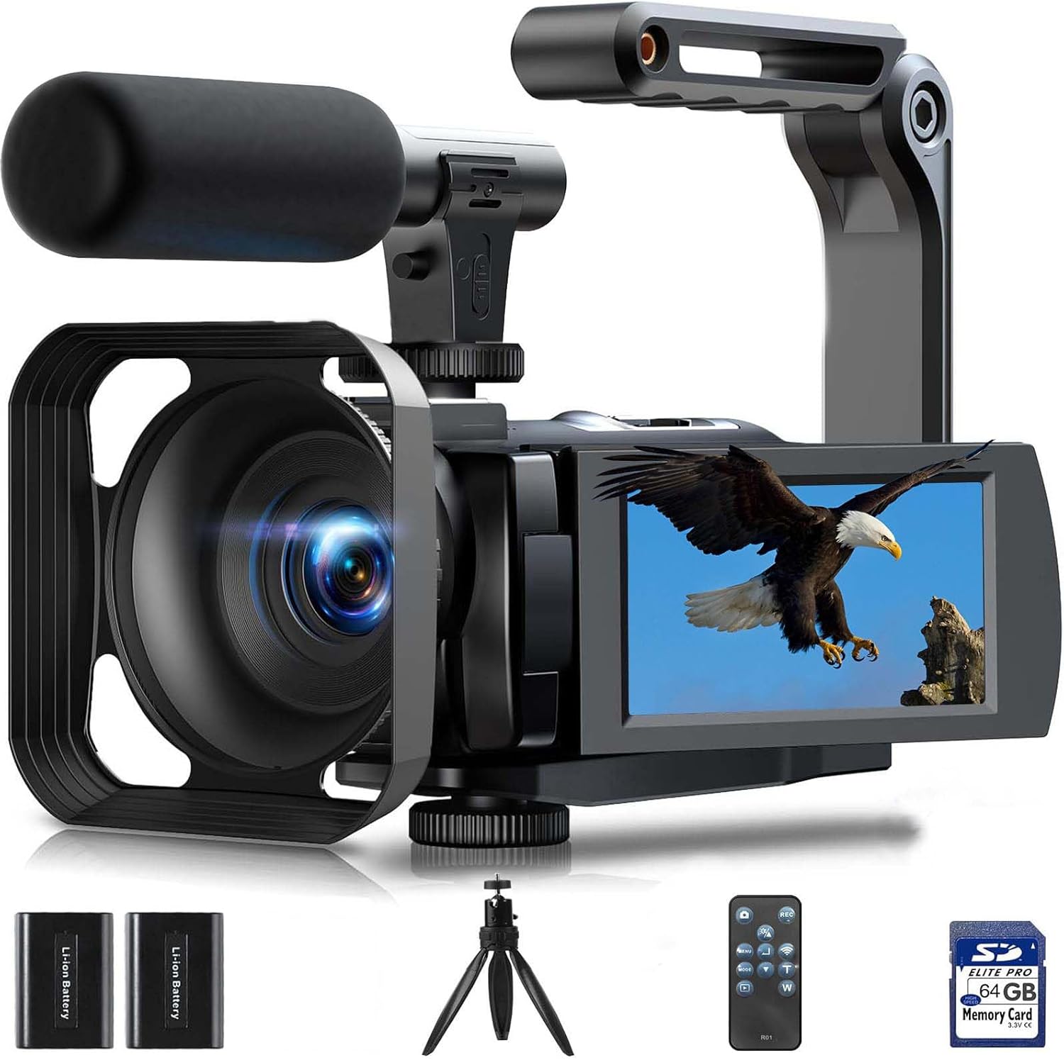 Camcorder Video Camera 5K 56MP Vlogging Camera for YouTube with 3″ 270° Flip Touchscreen, Night Vision, WiFi, Webcam, Microphone, 64GB Card, Batteries, Remote, Tripod – Beginner Content Creator Kit
