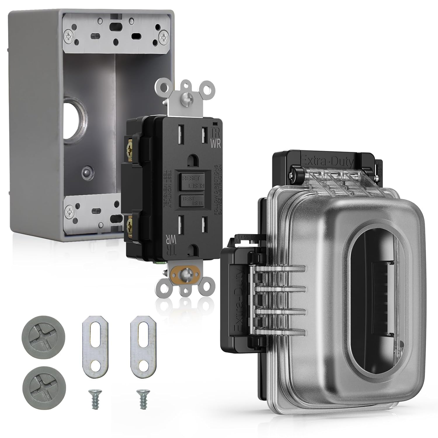 ELEGRP Outdoor GFCI Outlet with in Use Cover and Box Kit, 1 Gang, 15 Amp TRWR Self-Test GFI Receptacle, Extra Duty Metallic Electrical Outlet Box, Lockable in Use Cover, UL Listed, Black, 1 Pack