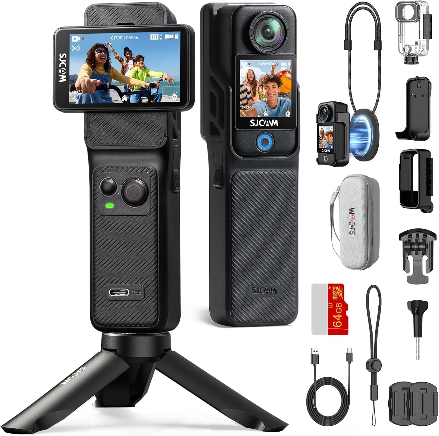 SJCAM C400 Vlogging Camera,64GB 4K Image,7H Power use,6-Axis Stabilizer,for Vlogs influencers,2.29” Touch Screen,30M Waterproof Body Cam,Vlogging for YouTube,Black,Camara para grabar contenido