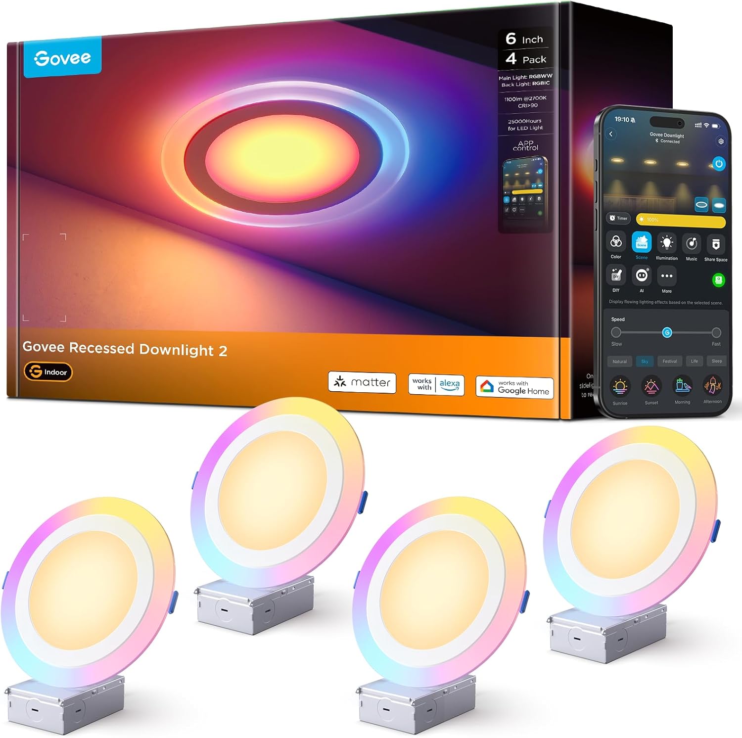 Govee Smart Recessed Lighting 6 Inch, Matter RGBIC LED Recessed Light Work with Alexa, Google Assistant, Dimmable 1100LM Canless Downlight with Junction Box for Living Room, Bedroom, Kitchen 4 Pack