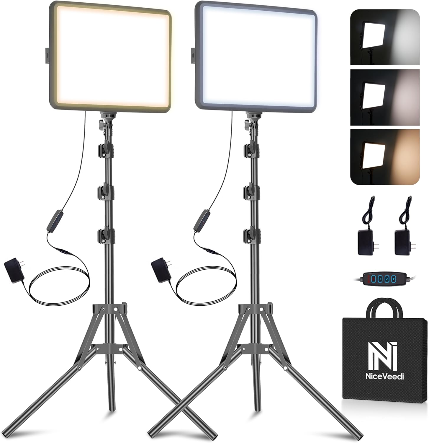 2-Pack Photography Lighting Kit, NiceVeedi 25W LED Video Light Kit, 2900-7000K Dimmable Studio Light with Tripod Stand, 73″ Stream Light for Video Recording