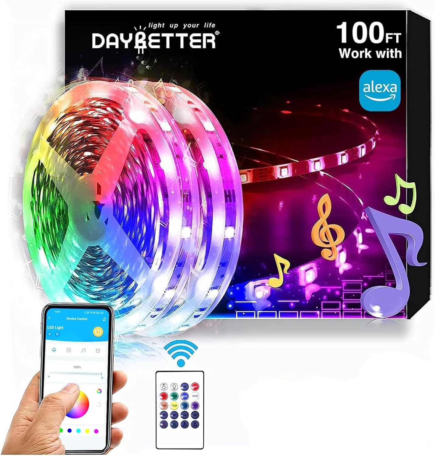 DAYBETTER RGB Led Light Strips Kit Compatible with Alexa and Google Assistant, Smart WiFi Led Strip Lights for Bedroom, Room, Decor, Kitchen, Home Party Decoration (100FT)
