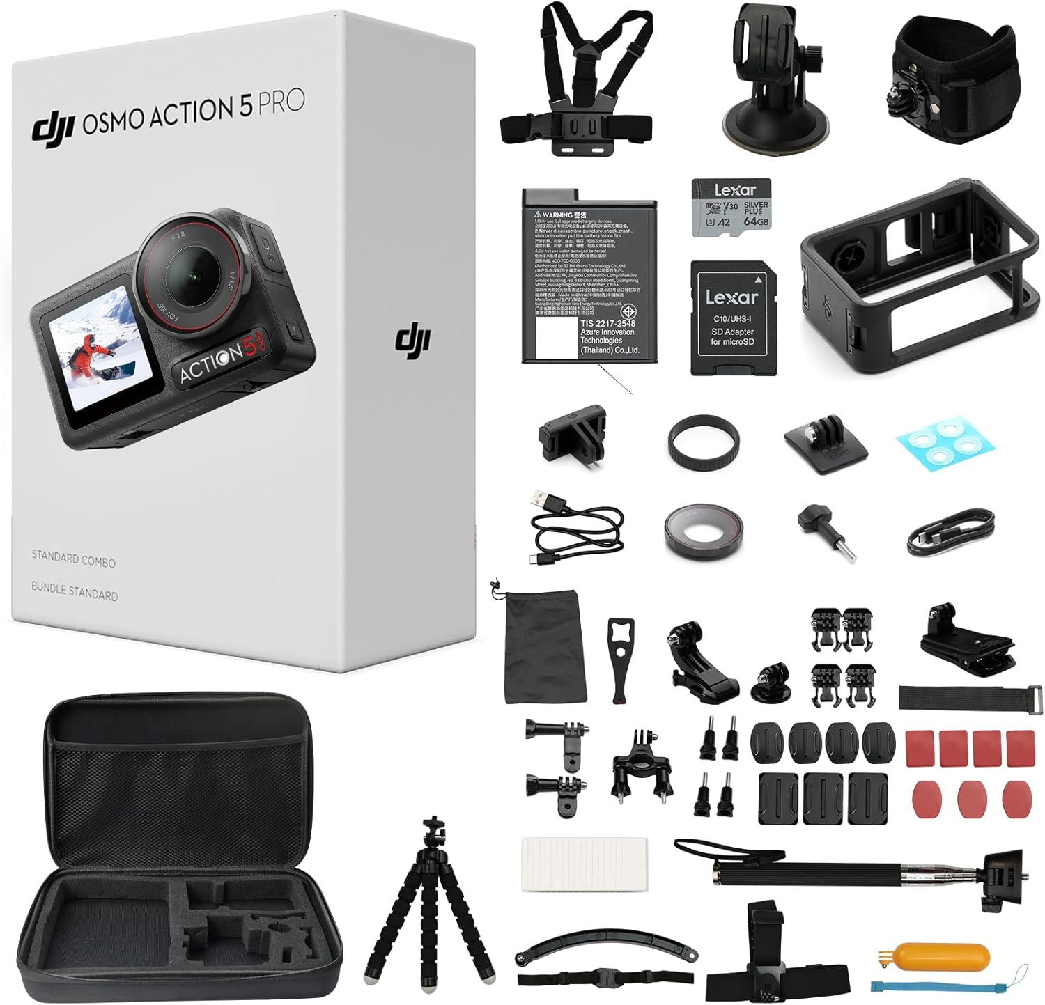 DJI Osmo Action 5 Pro Standard Combo,with 58 Piece Accessory Kit+ 64GB Card – Waterproof Action Camera with 1/1.3″ Sensor, 4K/120fps Video, Action Camera 4K Ideal for Sports (Total 1 Battery)