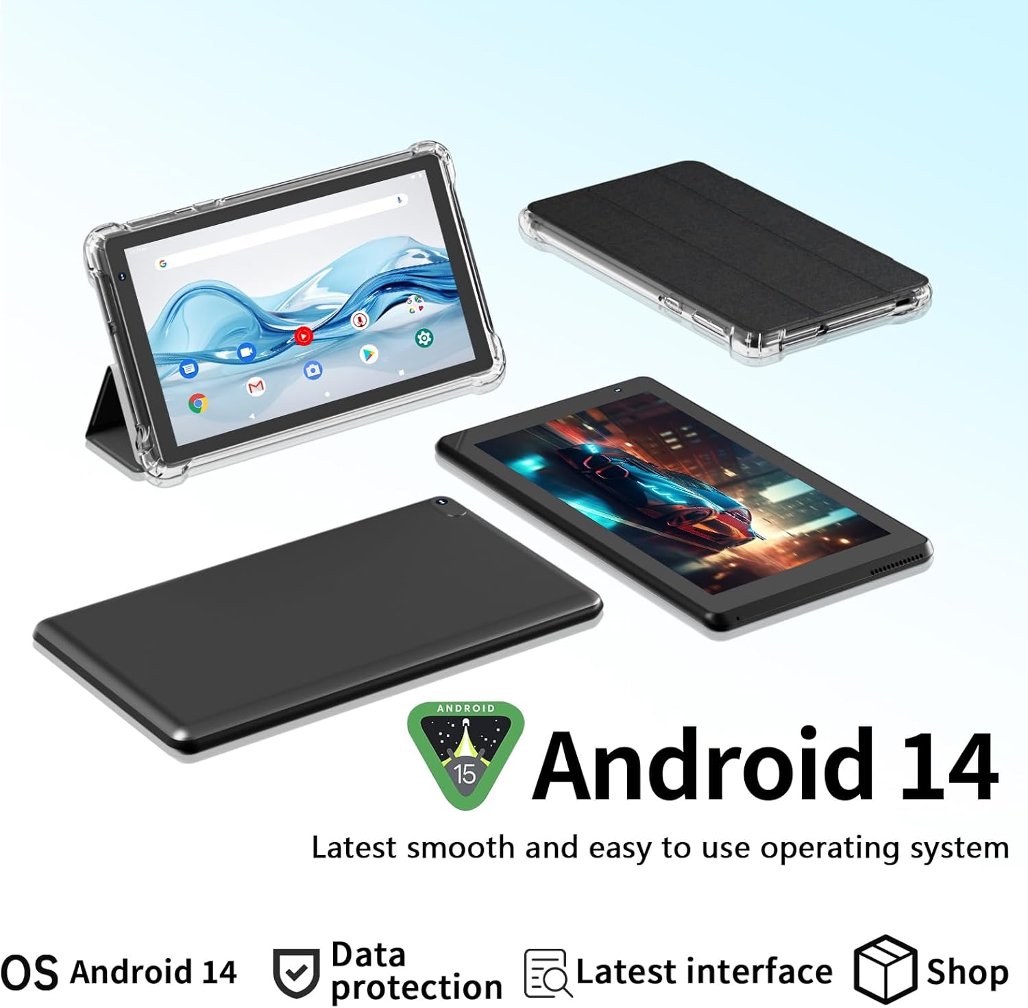 IWEGGO Android 14 Tablet with Case, 7 Inch 8GB RAM+32GB ROM/ 1TB Expandable Computer, 5MP Camera Tablets, 1.6Ghz Quad-core Processor, 3000mAH Battery Tablet PC, 5G WiFi, Games 7” Android Laptop Black