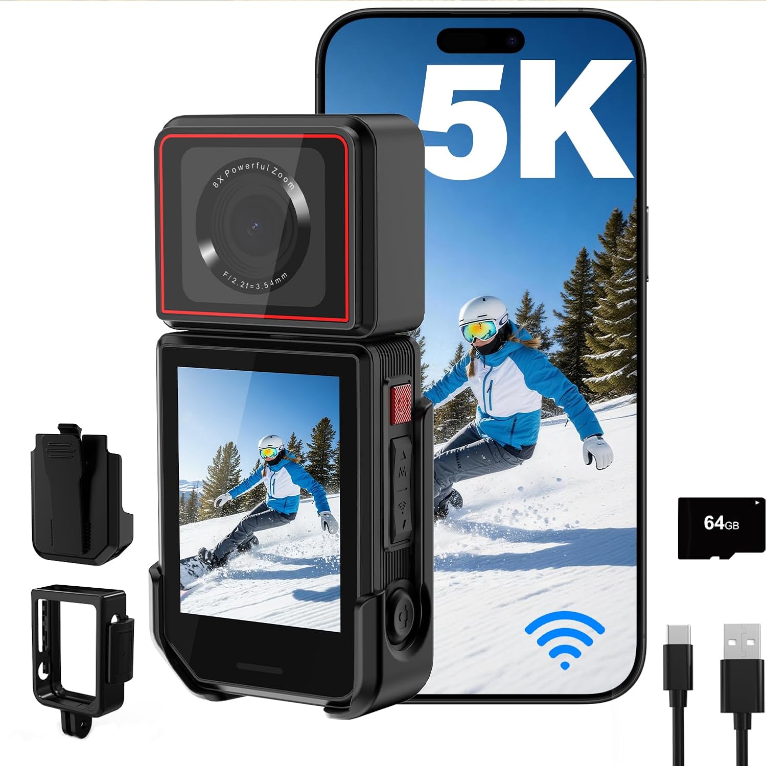 Action Camera 5K 25P with EIS Stabilization, 180° Rotating Lens Vlogging Camera for YouTube, Body Camera with Touch Screen WiFi & Remote Control for Cycling Running Outdoor Sports Motorcycle Hiking