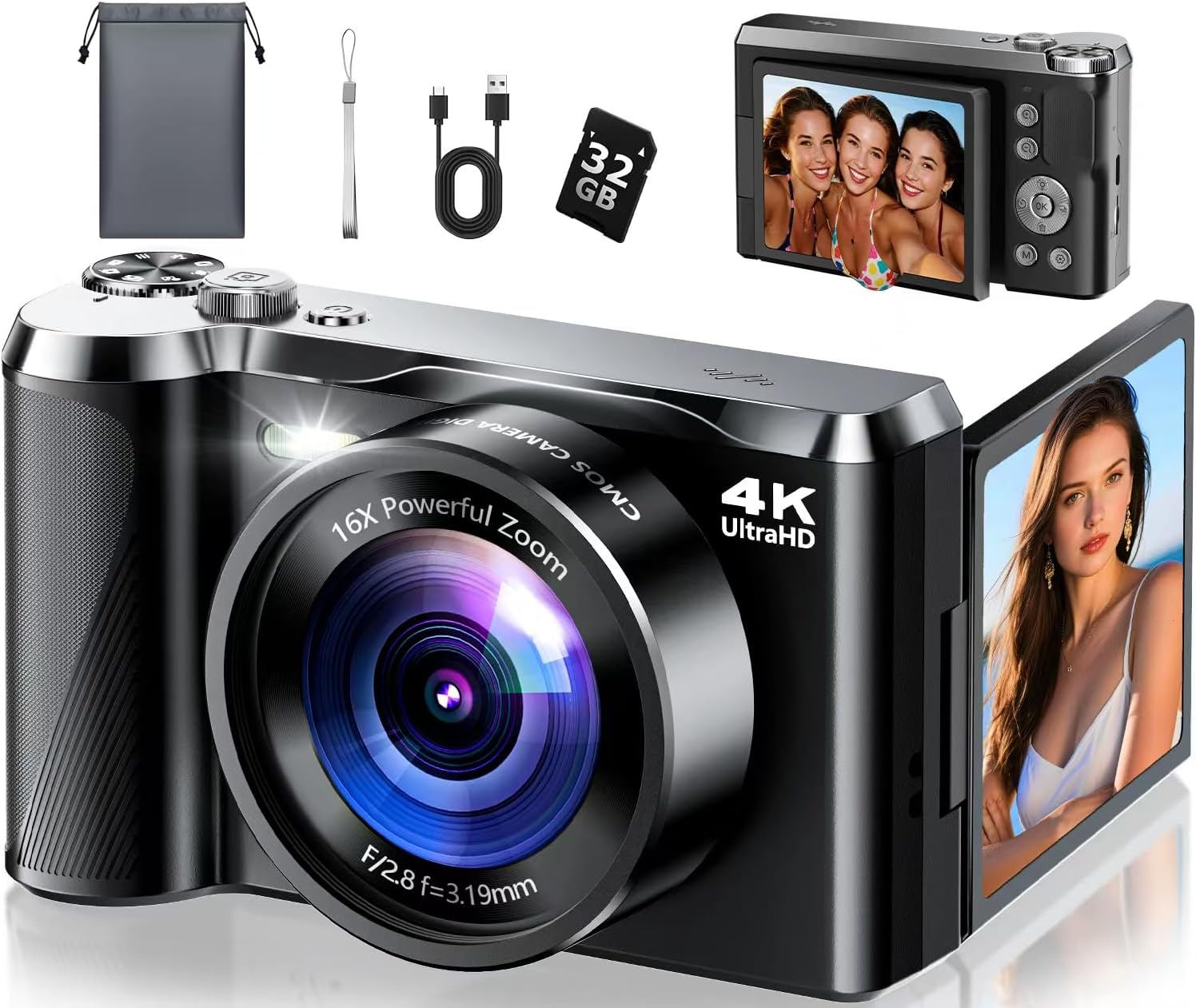 4K Digital Camera for Photography & Travel, 56MP Autofocus Vlogging Camera with 3″ 180° Flip Screen, 16X Zoom, Compact Point and Shoot Camera for Beginners and Teens, 32GB Card Included