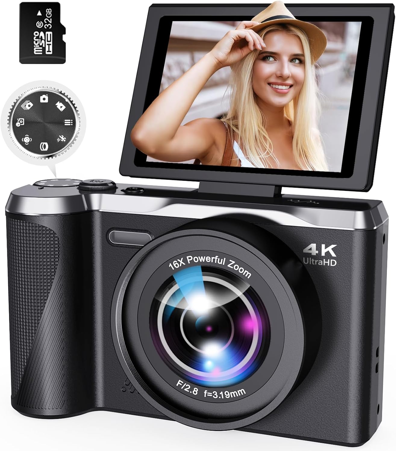 4K Digital Camera for Photography, 56MP Autofocus Vlogging Camera with 3″ 180° Flip Screen, 16X Zoom Compact Travel Camera for Beginners & Teens with 32GB SD Card Included
