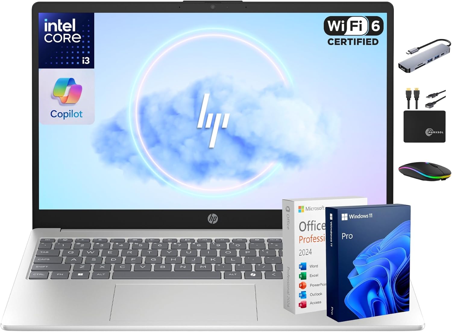 HP 15.6” Laptop Computer 2025-2026 Edition Student Business, Lifetime MS Office, 8-Core Intel i3 CPU, 16GB RAM, 628GB Storage (128GB UFS+500GB Ext), Wi-Fi 6, Long Battery, MarxsolAccessory, Win 11 Pro