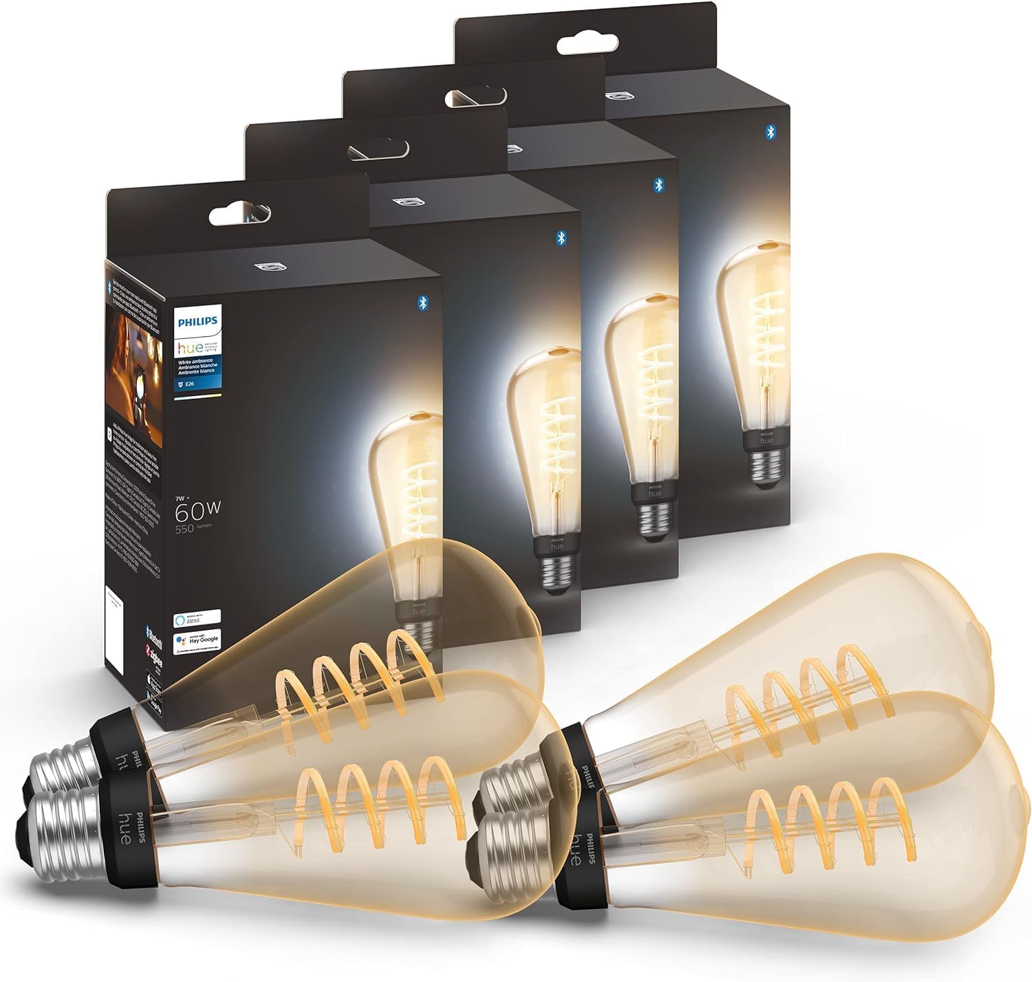 Philips Hue Smart 60W ST23 Filament LED Bulb – White Ambiance Warm-to-Cool White Light – 4 Pack – 550LM – E26 – Indoor – Control with Hue App- Compatible with Alexa, Google Assistant and Apple Homekit