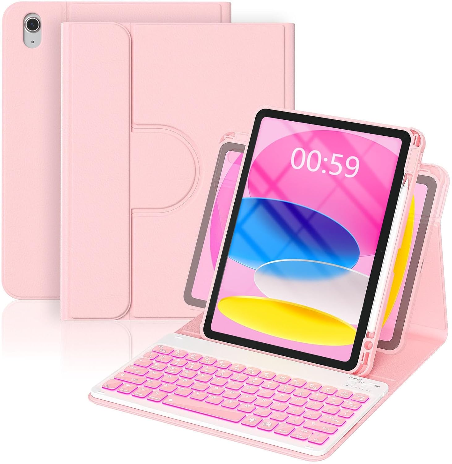 YBING Keyboard Case for iPad 11th Generation 2025 & 10th Generation 2022, 360 Rotating Magnetic Cover with 7-Color Backlit Wireless Detachable Keyboard with Pencil Holder for iPad A16 11″ (Pink)