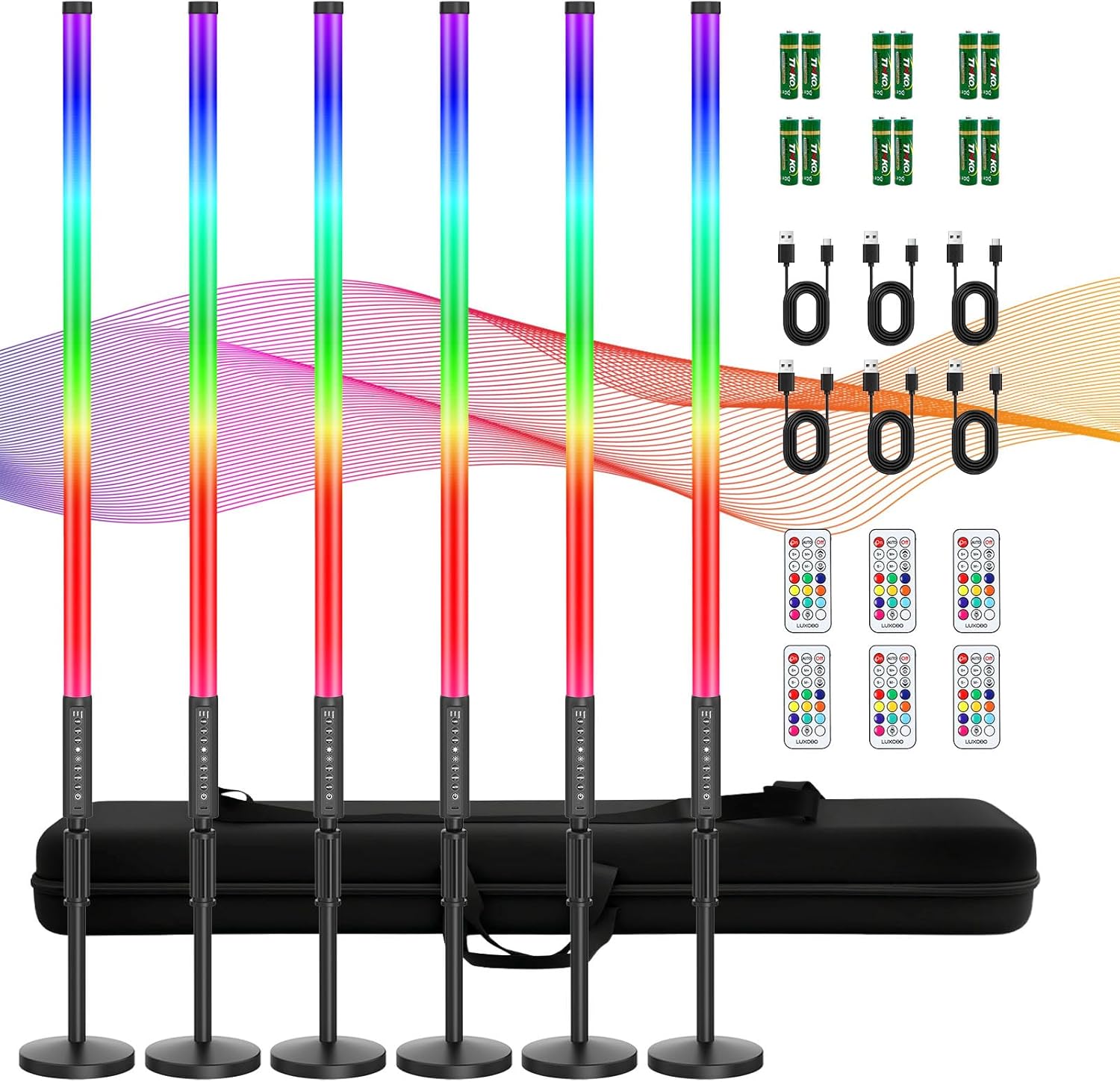 6 Pack 3ft RGB Tube Light Portable 5000mAh Battery Powered LED Tube Lights with Stand & Remote 500 Lighting Effects Stage Light Bar for DJ Party Dance Club Stage Wedding Video Studio Photography