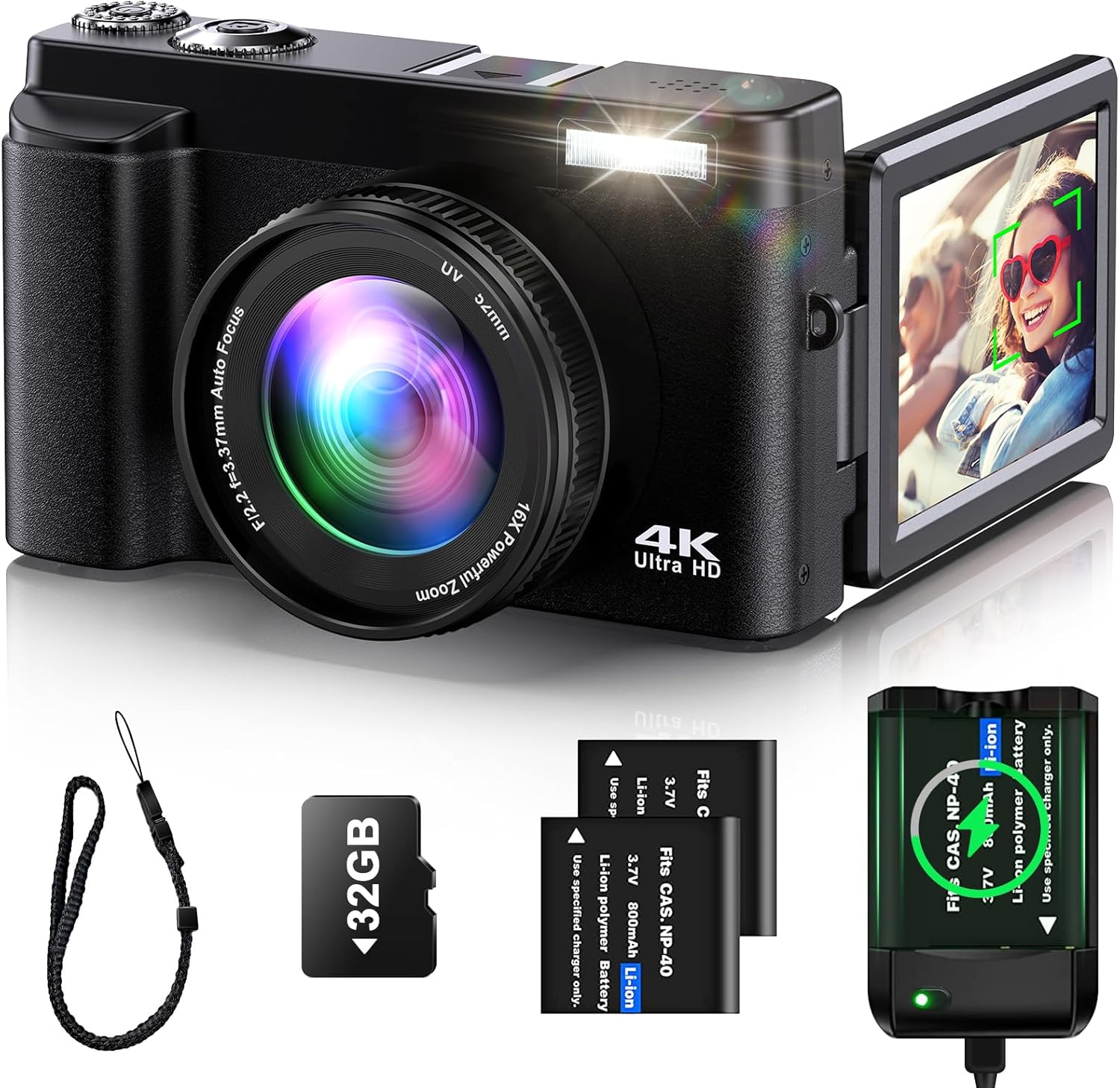 4K Digital Camera for Photography Auto-Focus Vlogging Camera for YouTube Video with 3” 180° Flip Screen 16X Anti-Shake 4K Camera Compact Cameras with SD Card, Flash, 2 Batteries
