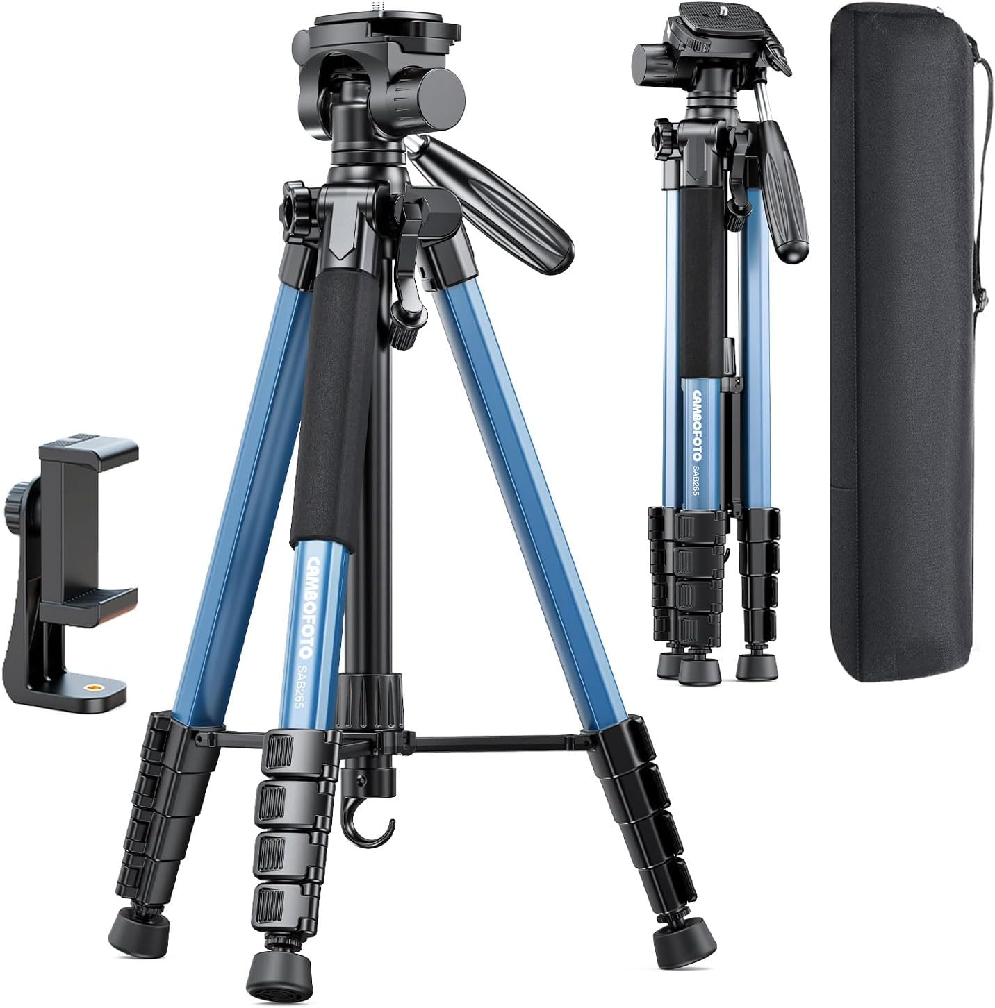 CAMBOFOTO 74″-Camera-Tripod, Navy Blue Professional Aluminum Heavy Duty Tripod Stand for Mirrorless Camera/DSLR/Cell Phone/Camcorder, with Holder and Travel Bag
