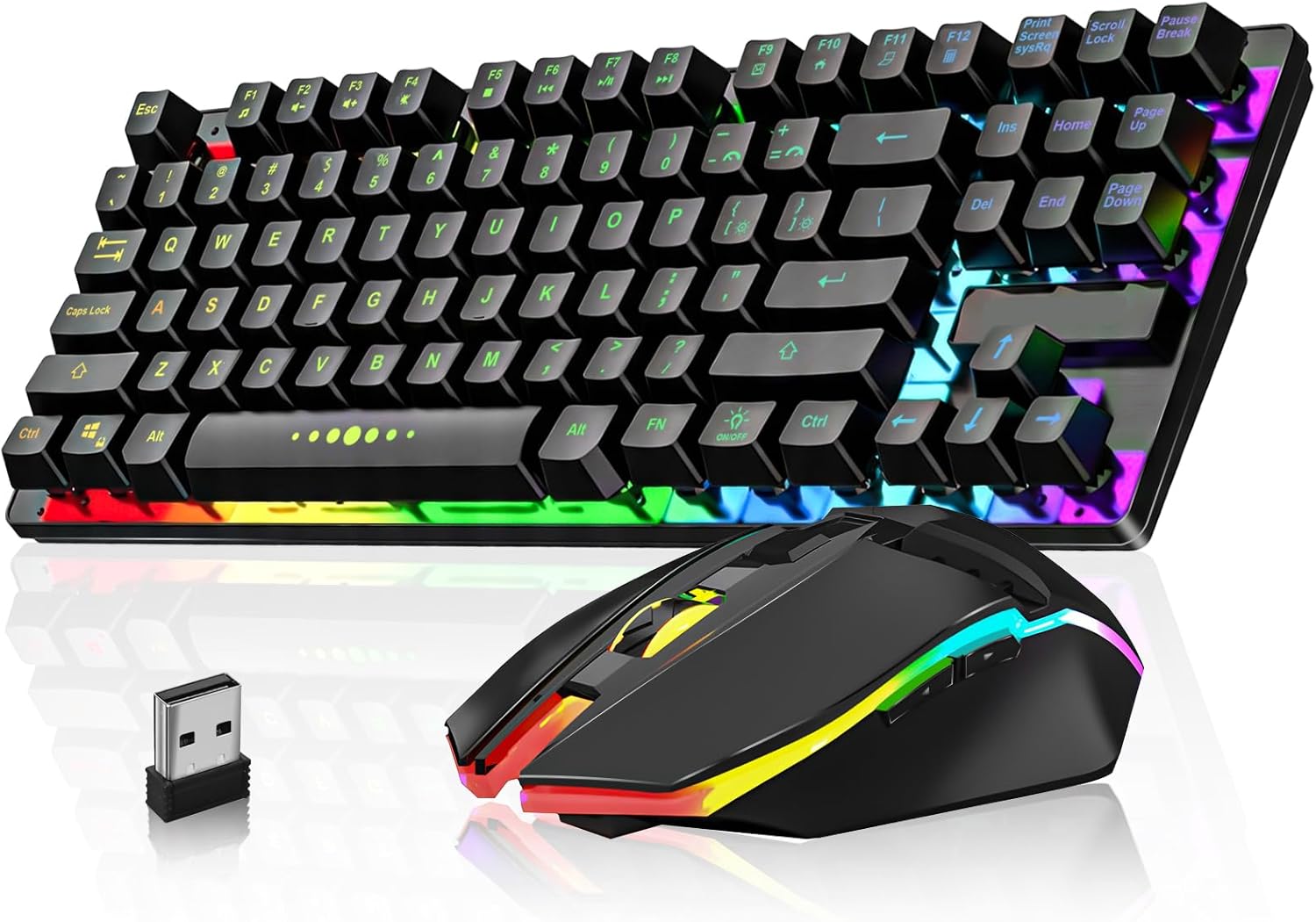 Wireless Gaming Keyboard and Mouse Combo, LED Backlit Rechargeable Battery, Ultra Compact Mechanical Feel Keyboard, RGB Mice for PC Gamer, Business Office, Durable Ergonomic, Wide Compatibility, Black