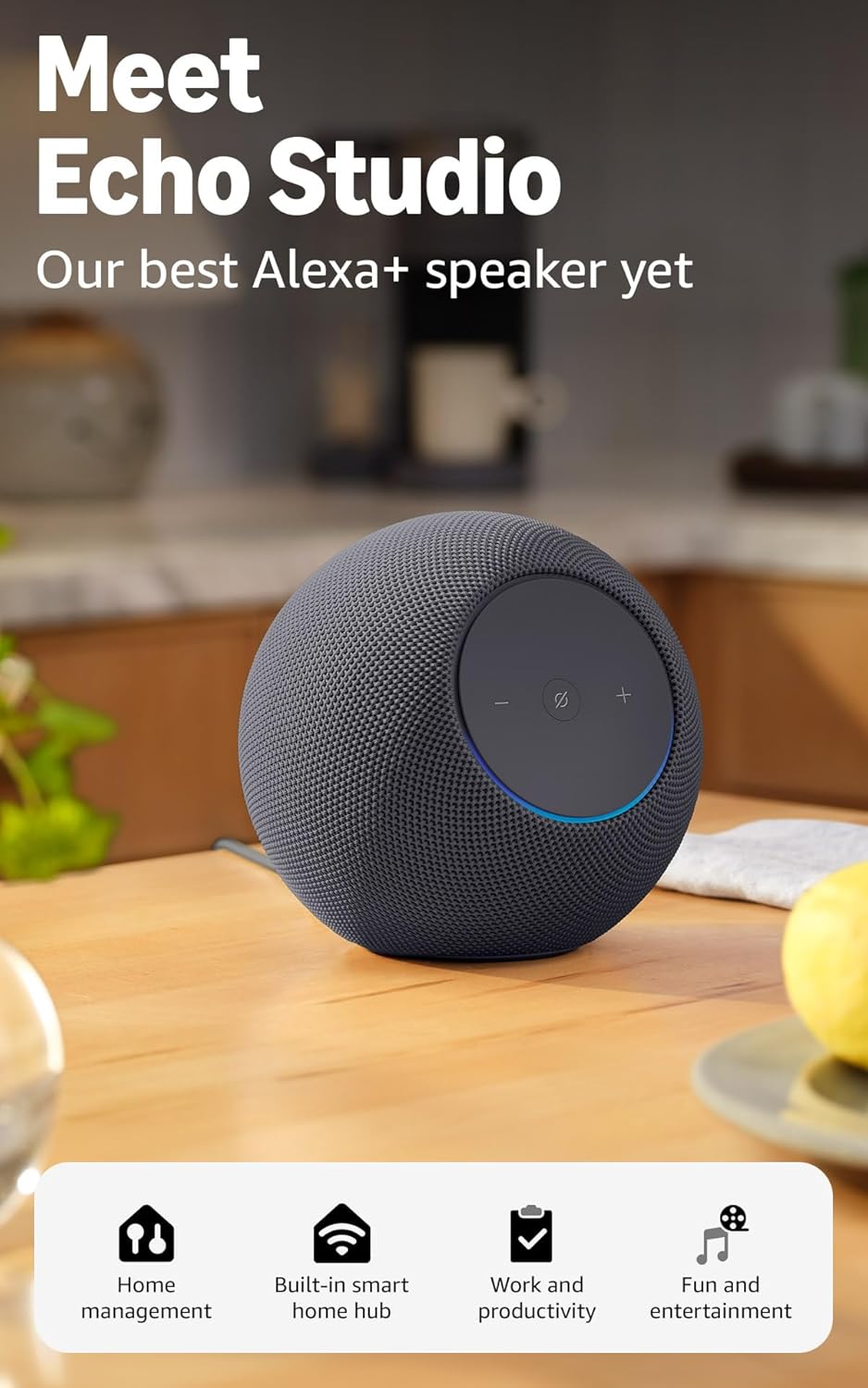 Amazon Echo Studio (newest model), compact design, immersive spatial audio and Dolby Atmos, Designed for Alexa+, Graphite