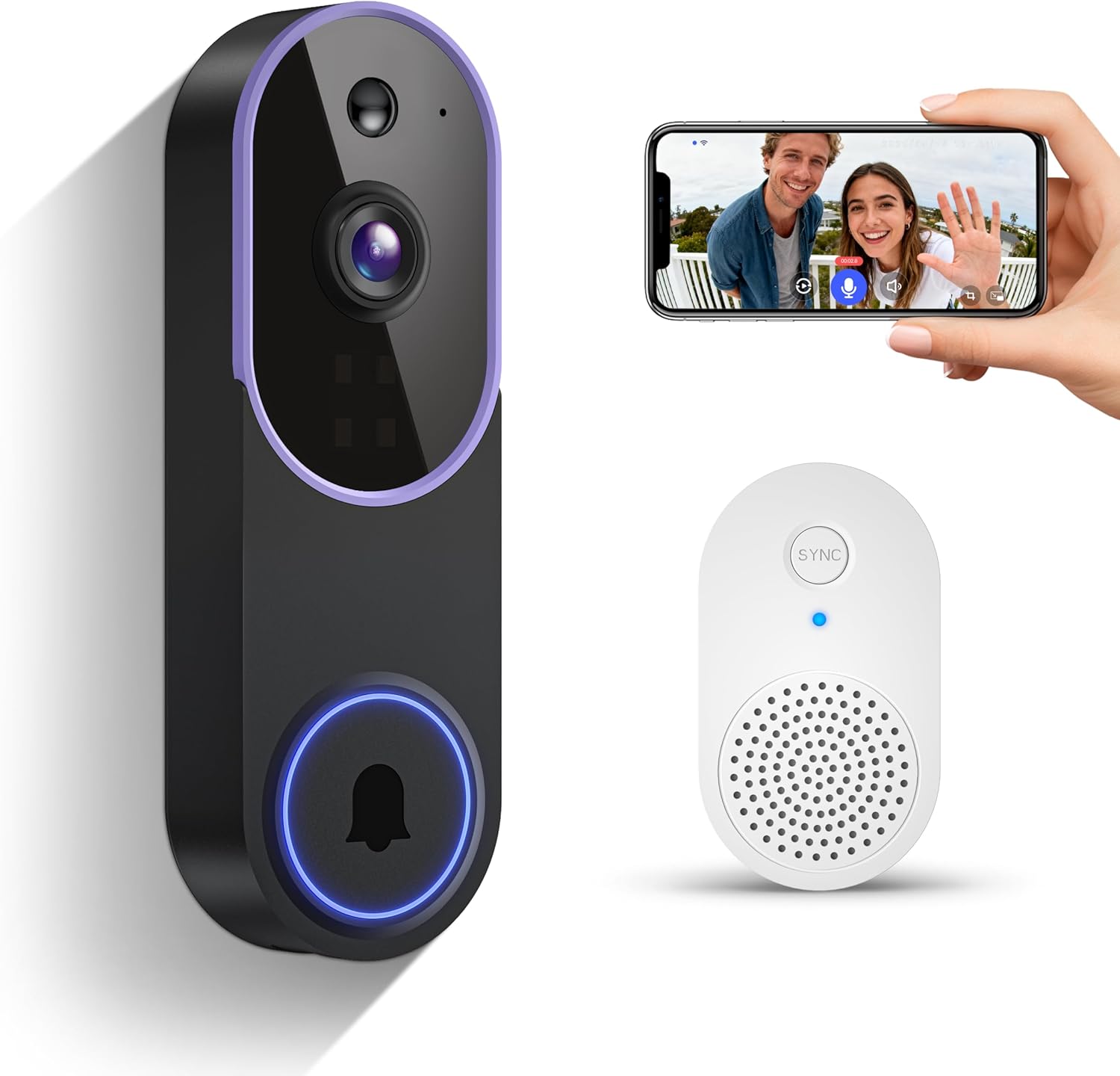 Smart 1080p Video Doorbell Camera with Doorbell Receiver, Live View, AI Human Detection, 2-Way Audio, Night Vision, Cloud Storage (Sold Separately), 2.4G WiFi, Hidden Security