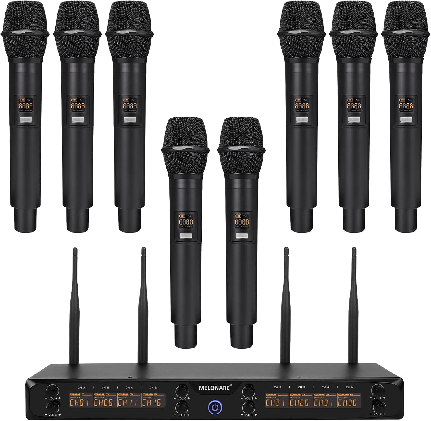 MELONARE 8-Channel Wireless Microphone System, UHF 500MHz Cordless Mic Set w/ 8×5 Frequencies, 240ft Range, Dynamic Handheld Microphone for Singing, Karaoke, Church, Meetings, Wedding (MWM-81F)