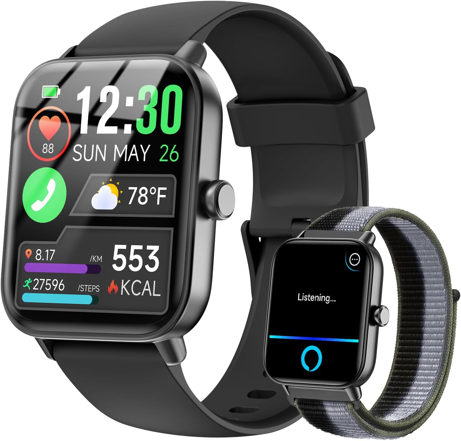 Smart Watches for Women/Men, Smart Watch for Android Phones and iPhone Compatible, Alexa Built-in, 1.8″ Fitness Watches for Women, IP68 Waterproof /Bluetooth Call, Heart Rate/Sleep Monitor, Two Bands