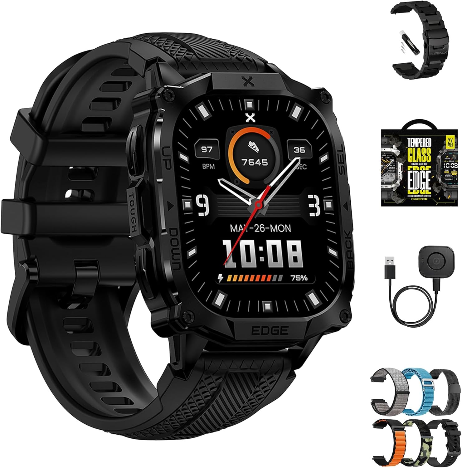 CARBINOX Edge Smart Watch Rugged, 1.96″ AMOLED, Stainless Steel, IP69K/5ATM Fitness trackers, Dual-Band GNSS, 500mAh, Bluetooth Calls, Smart Watch for Android Phones iOS (Black Ultimate Pack)
