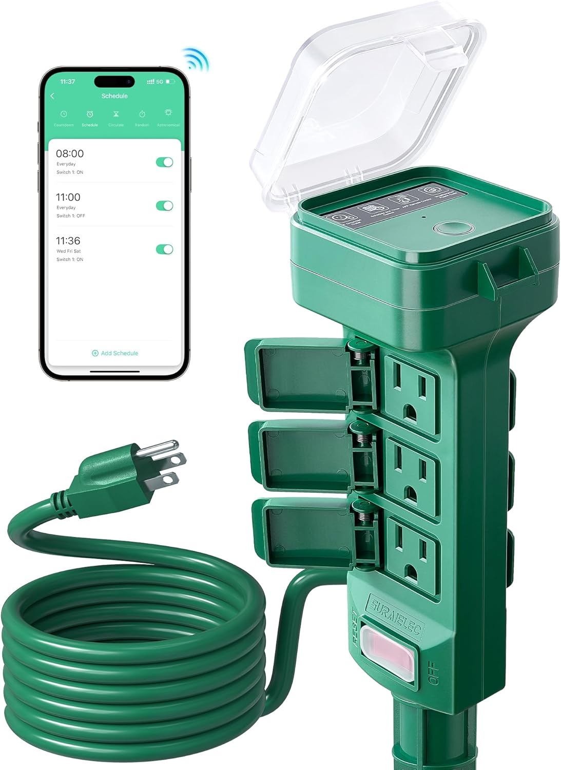 SURAIELEC Outdoor Power Stake, Smart WiFi Light Timer with 6 Electrical Outlets, 6FT Power Strip, Weatherproof for Patio, Outdoor Lights, Christmas Decoration, Compatible with Alexa/Google Assistant
