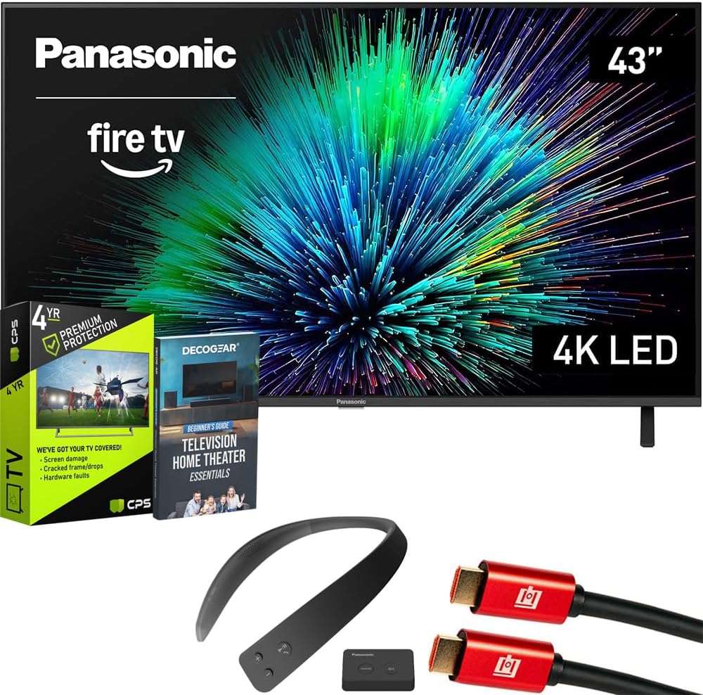 Panasonic TV-43W70BP W70 Series 43 inch LED 4K Ultra HD Smart Fire TV Bundle with WN10 Neck Speaker, 4 YR CPS Enhanced Protection, 2X HDMI Cable & Deco Gear Complete Home Theater Beginner’s Guidebook