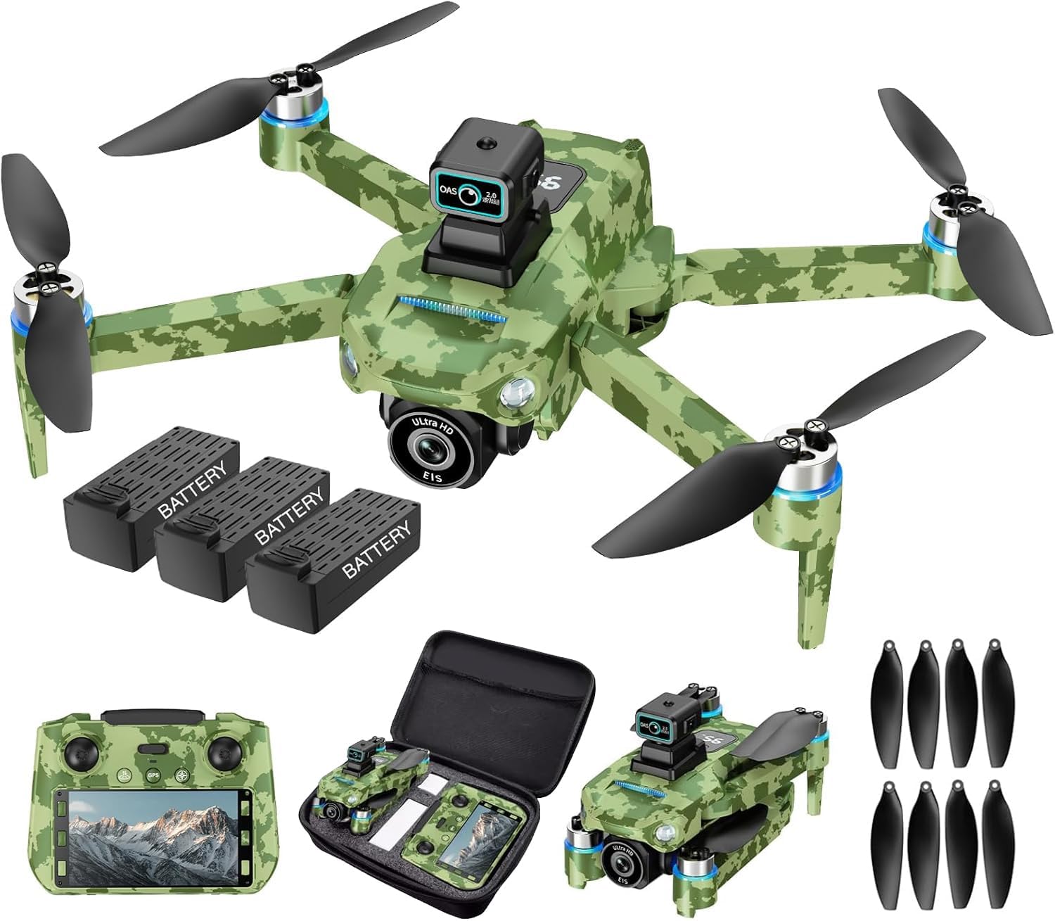 4K GPS Drone with Camera for Adults: Featuring Obstacle Avoidance, 5G FPV Transmission & Brushless Motor, Includes 3 Batteries & Screen Remote Controller in Army Green